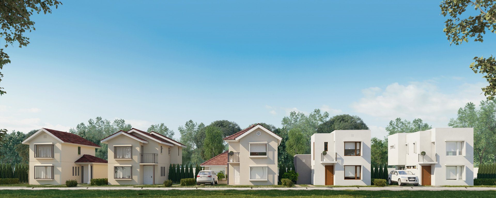 Render de un conjunto de casas en condominio.