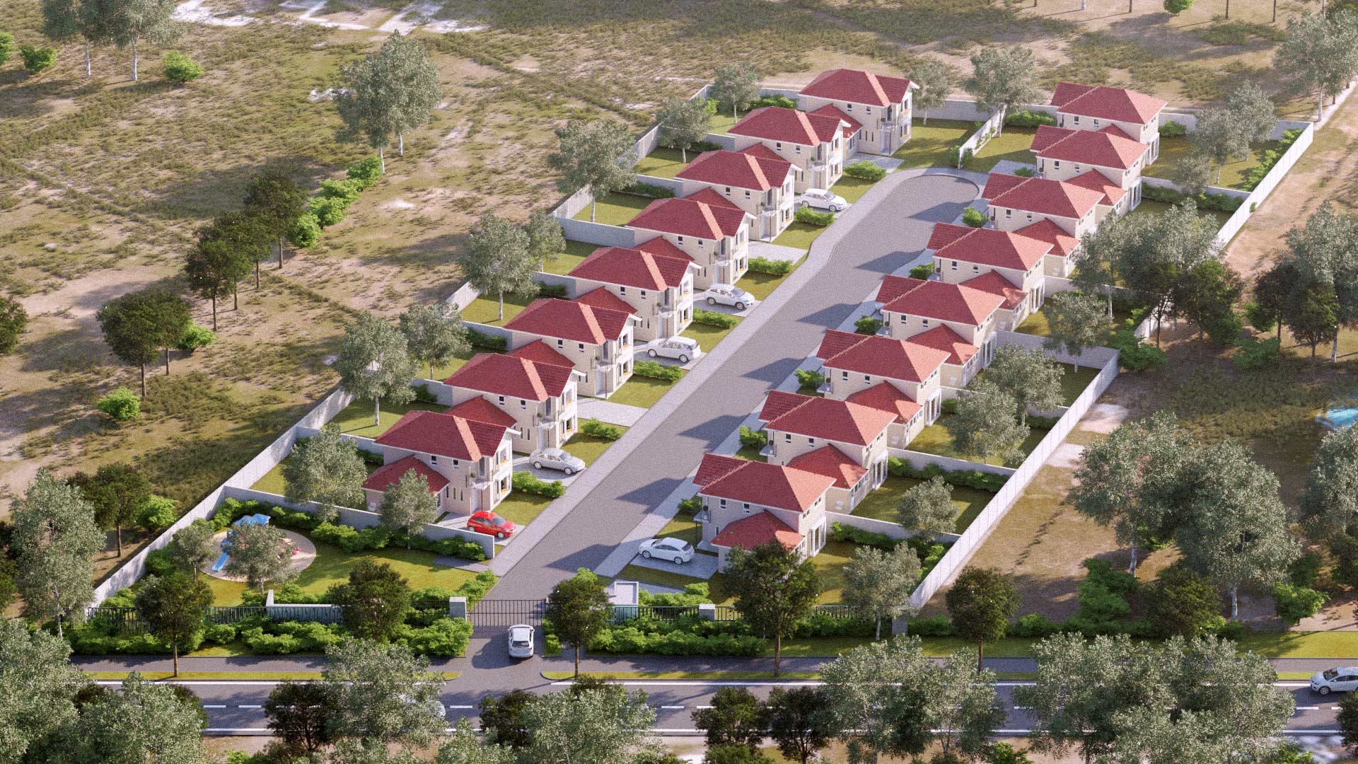 Masterplan en 3D de un condominio entre árboles.