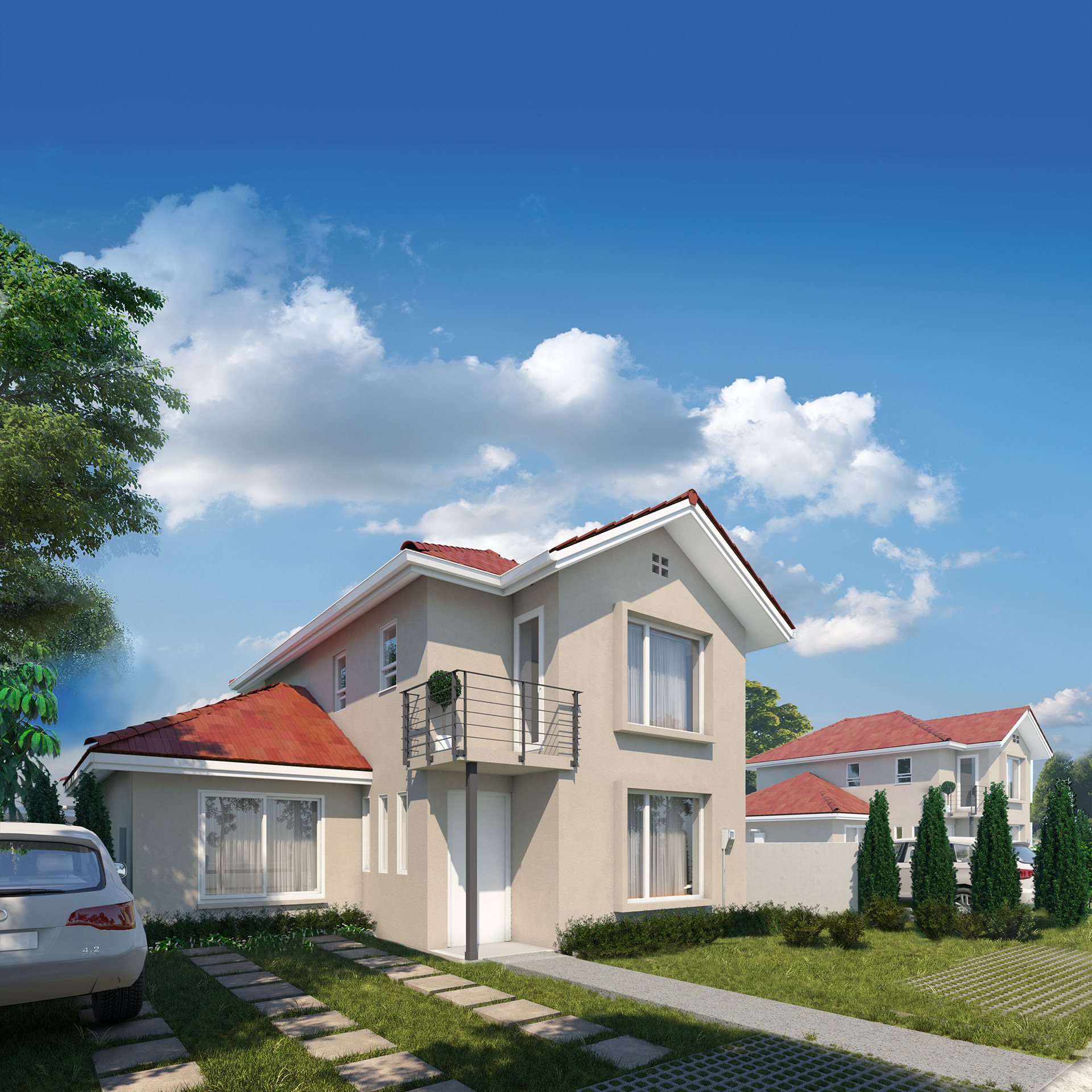 Render exterior de una casa de dos pisos con techo rojo.