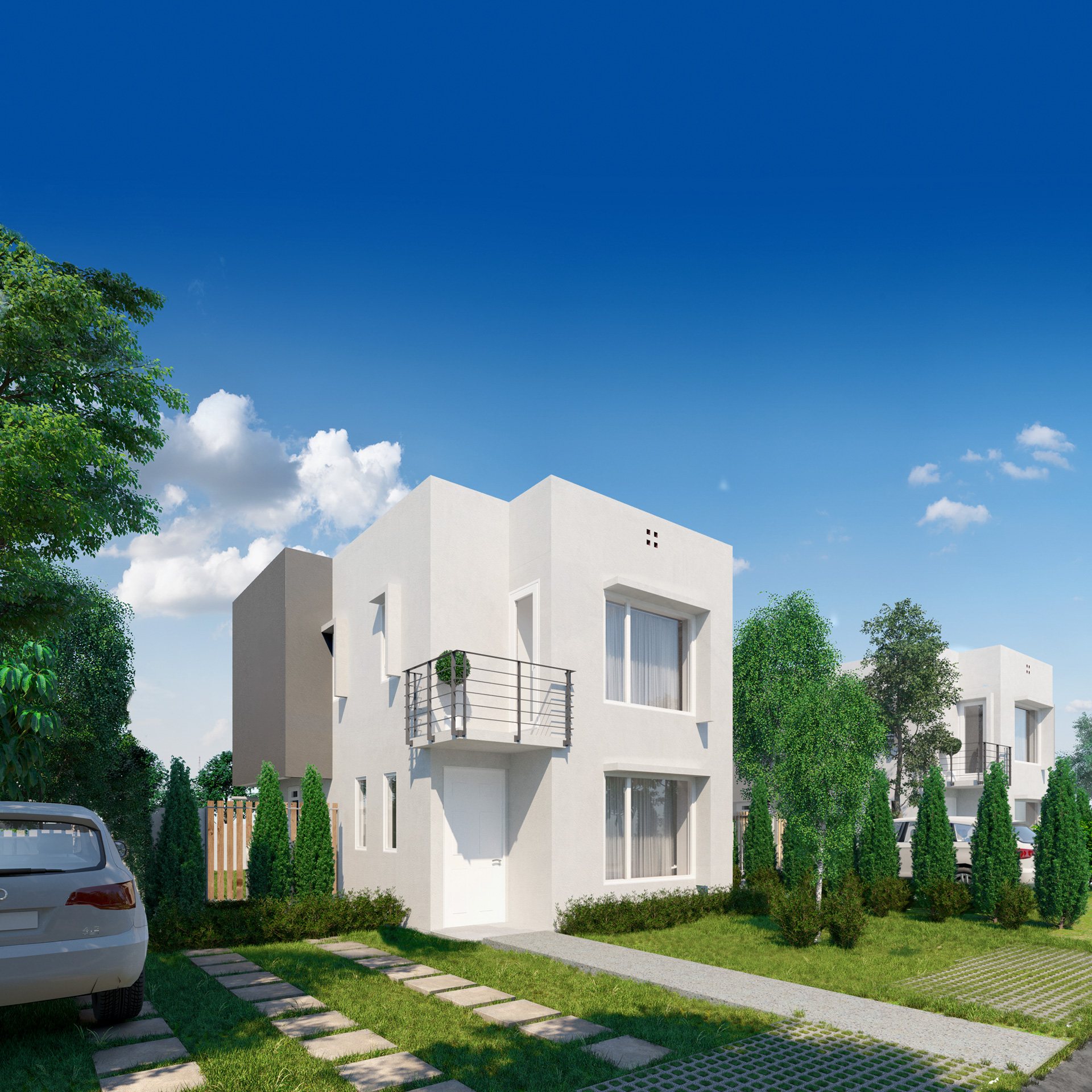 Render exterior de una casa blanca de dos pisos.
