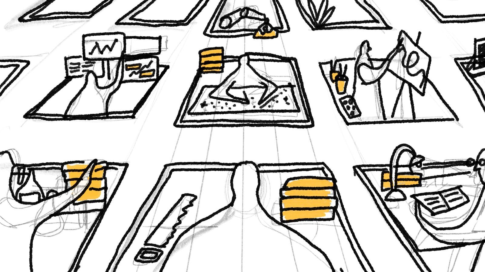 Boceto de Estudio Golondrina: la cuadrícula de disciplinas vista en perspectiva.