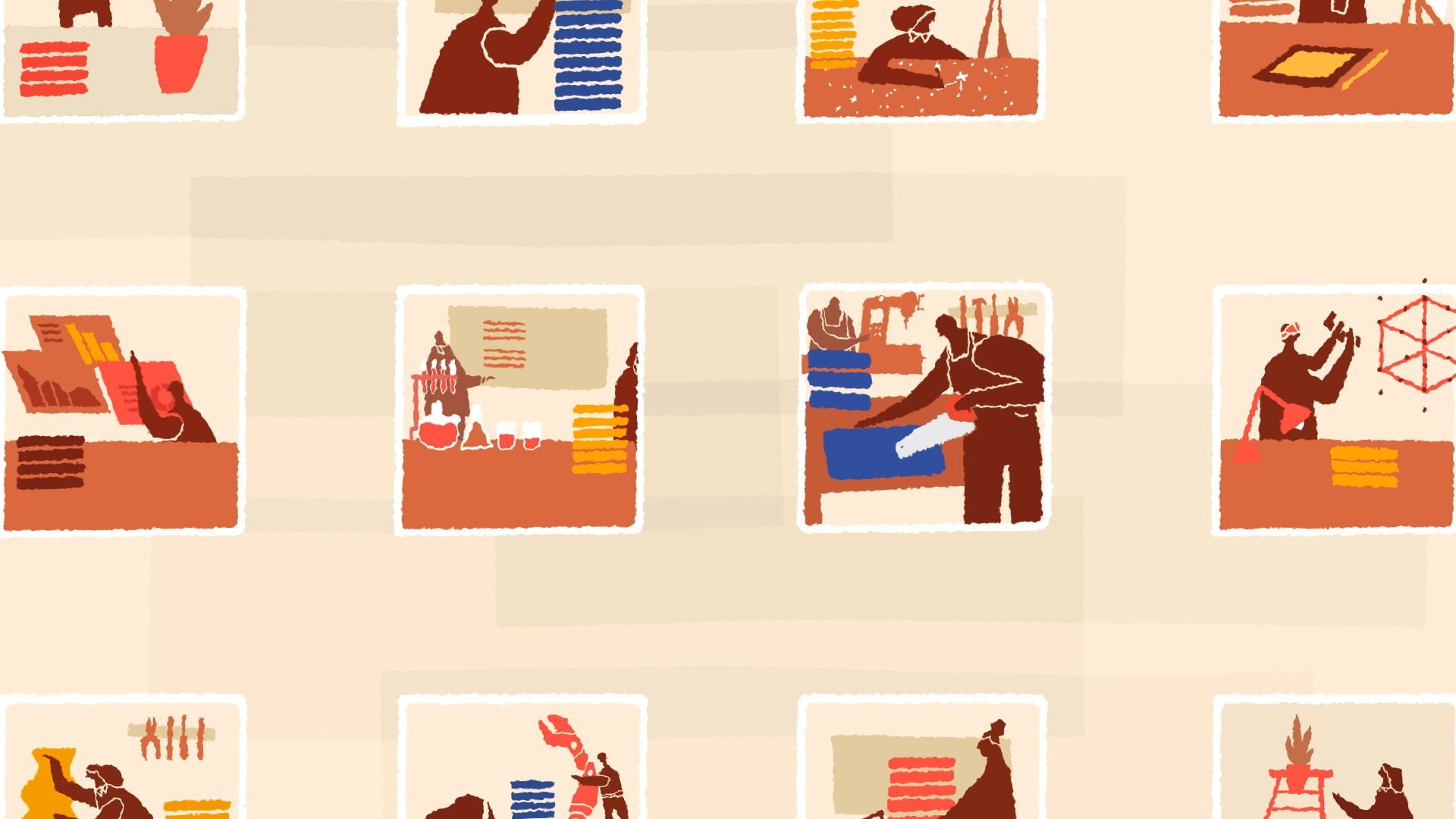 Ilustración: una cuadrícula de recuadros, cada uno con una persona trabajando en su disciplina.