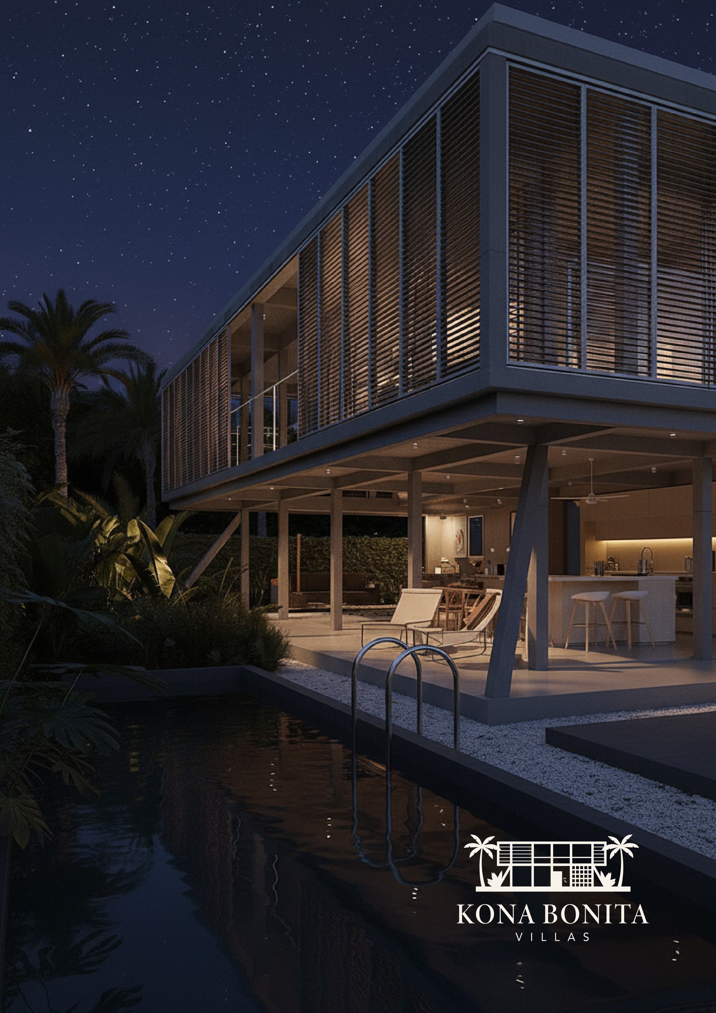 Contraportada del brochure: la villa de noche, iluminada, con el imagotipo en blanco.