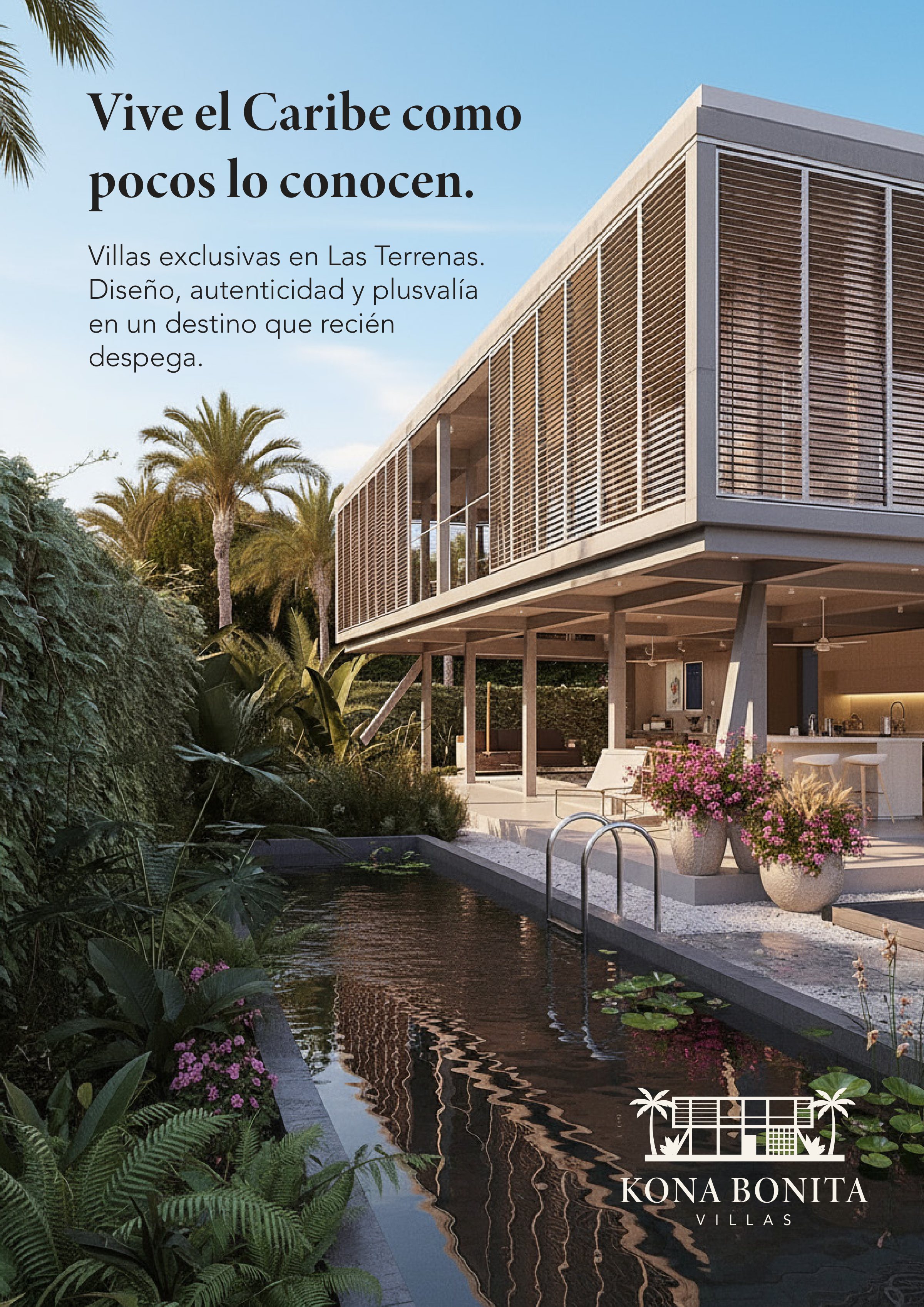 Portada del brochure de Kona Bonita: «Vive el Caribe como pocos lo conocen» sobre la villa y su piscina.