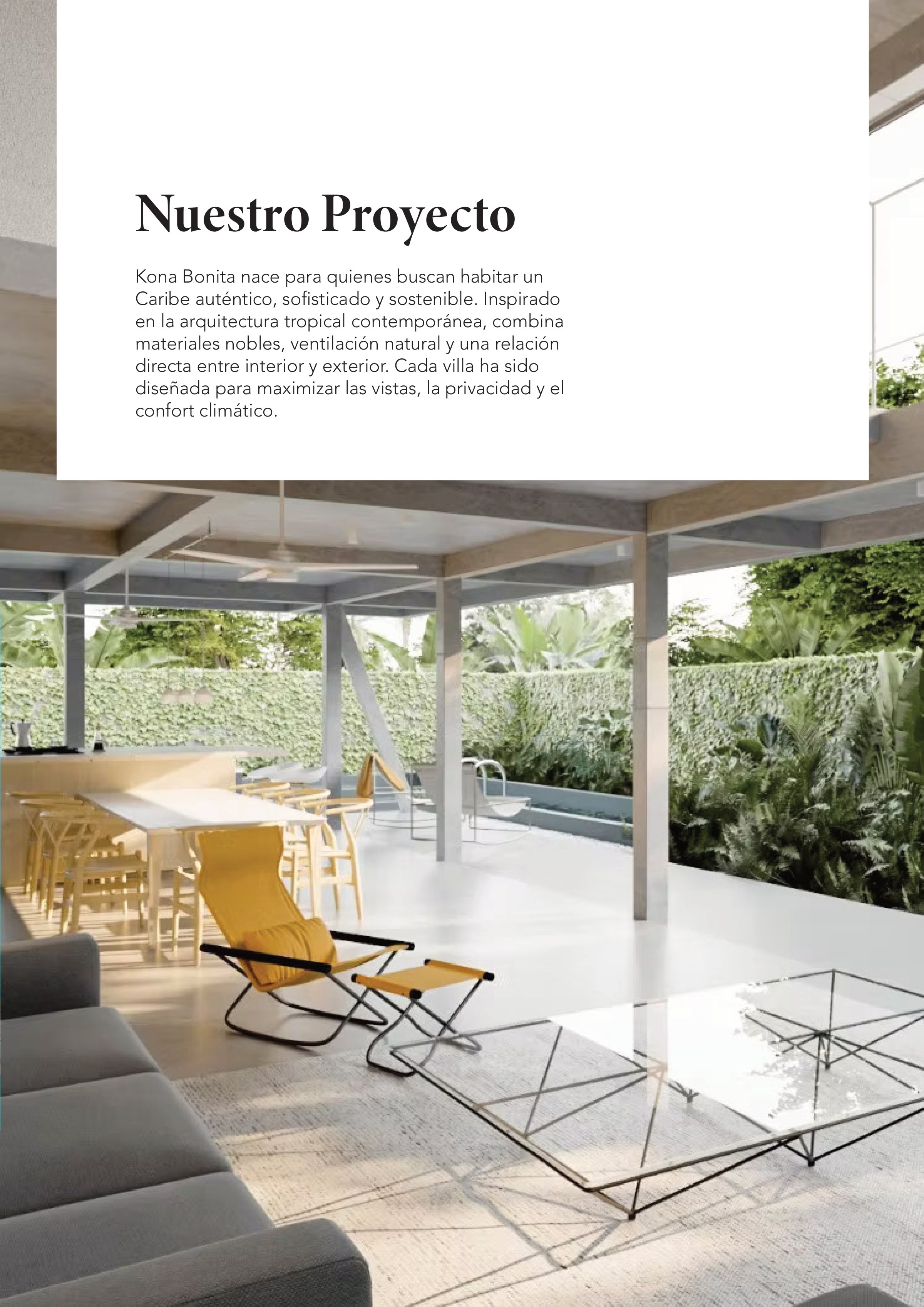 Página «Nuestro proyecto» del brochure de Kona Bonita, sobre el interior abierto de la villa.