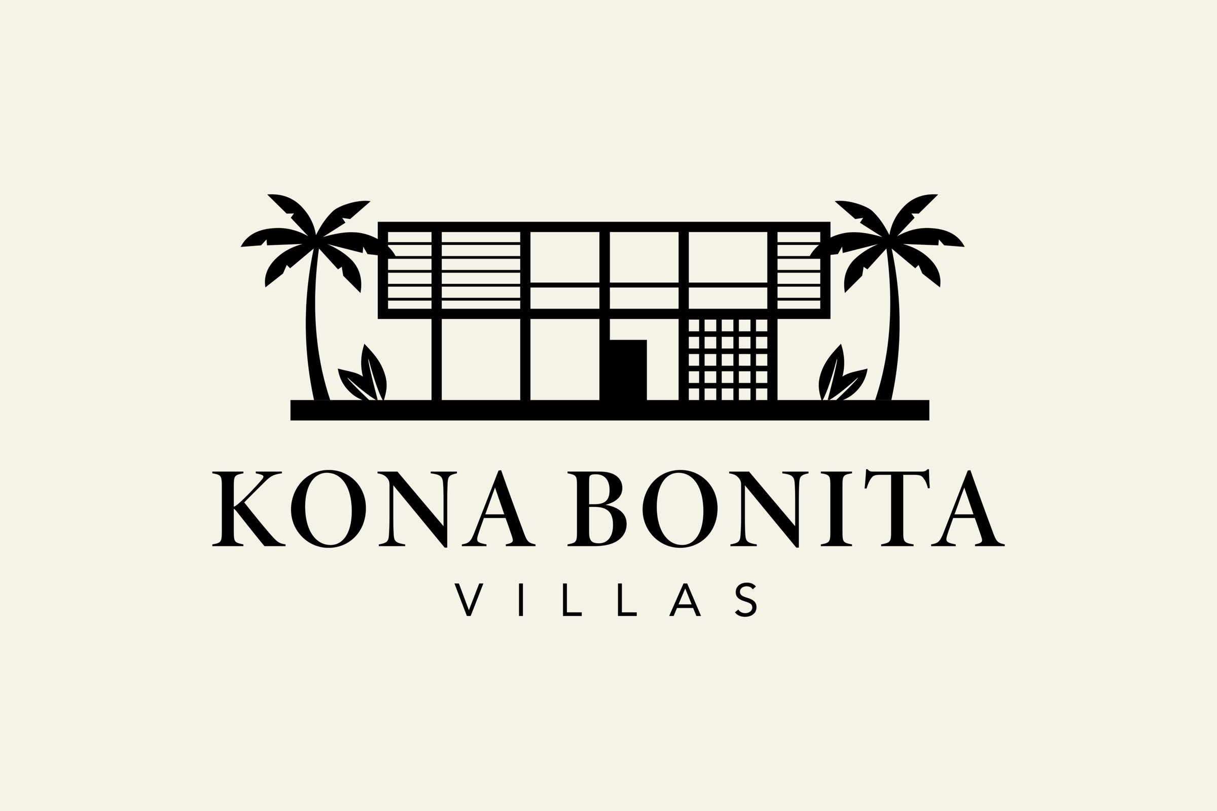 Imagotipo vertical de Kona Bonita Villas en verde casi negro sobre crema.