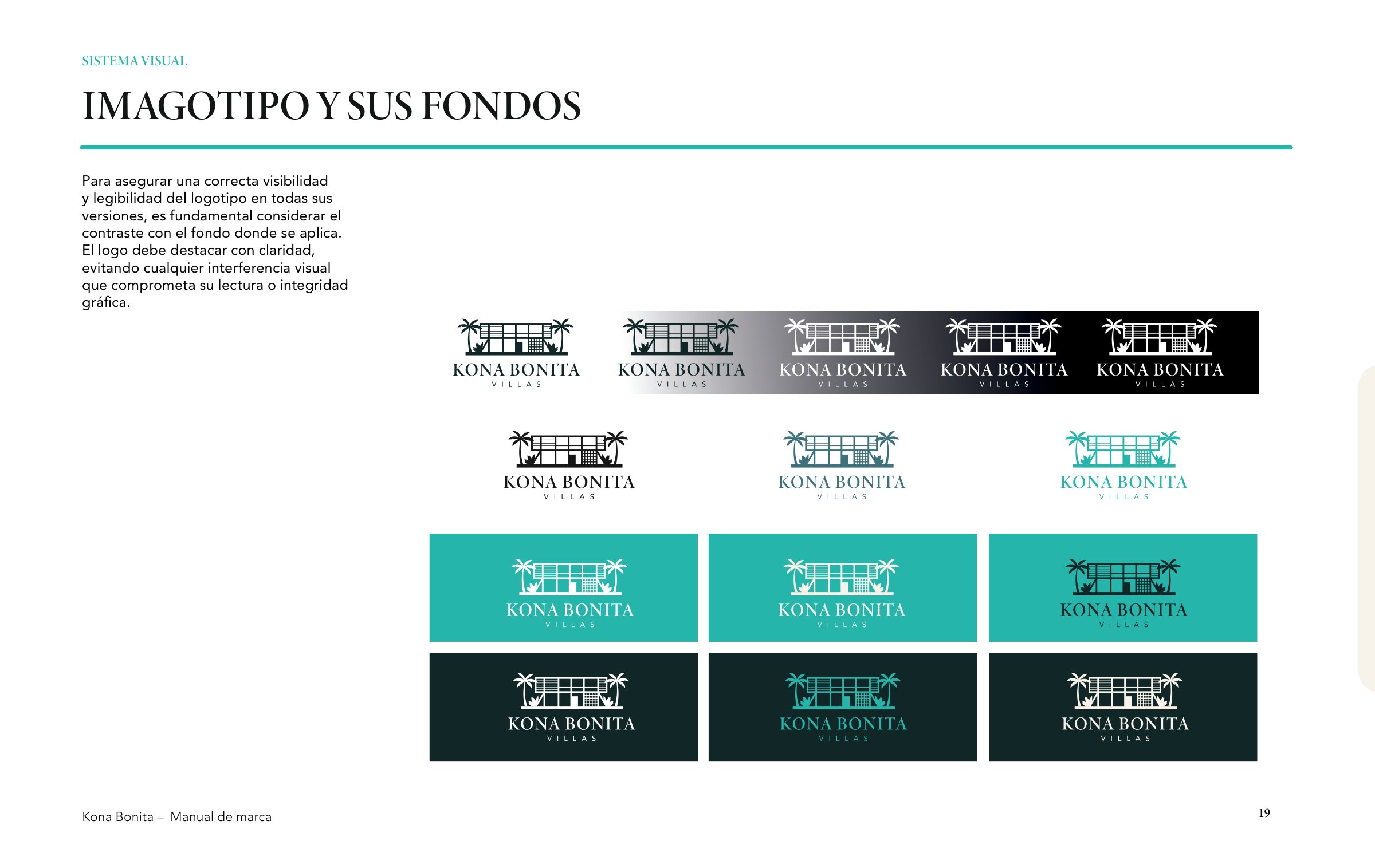 Lámina del manual con el imagotipo sobre los fondos de la paleta: blanco, turquesa y verde casi negro.