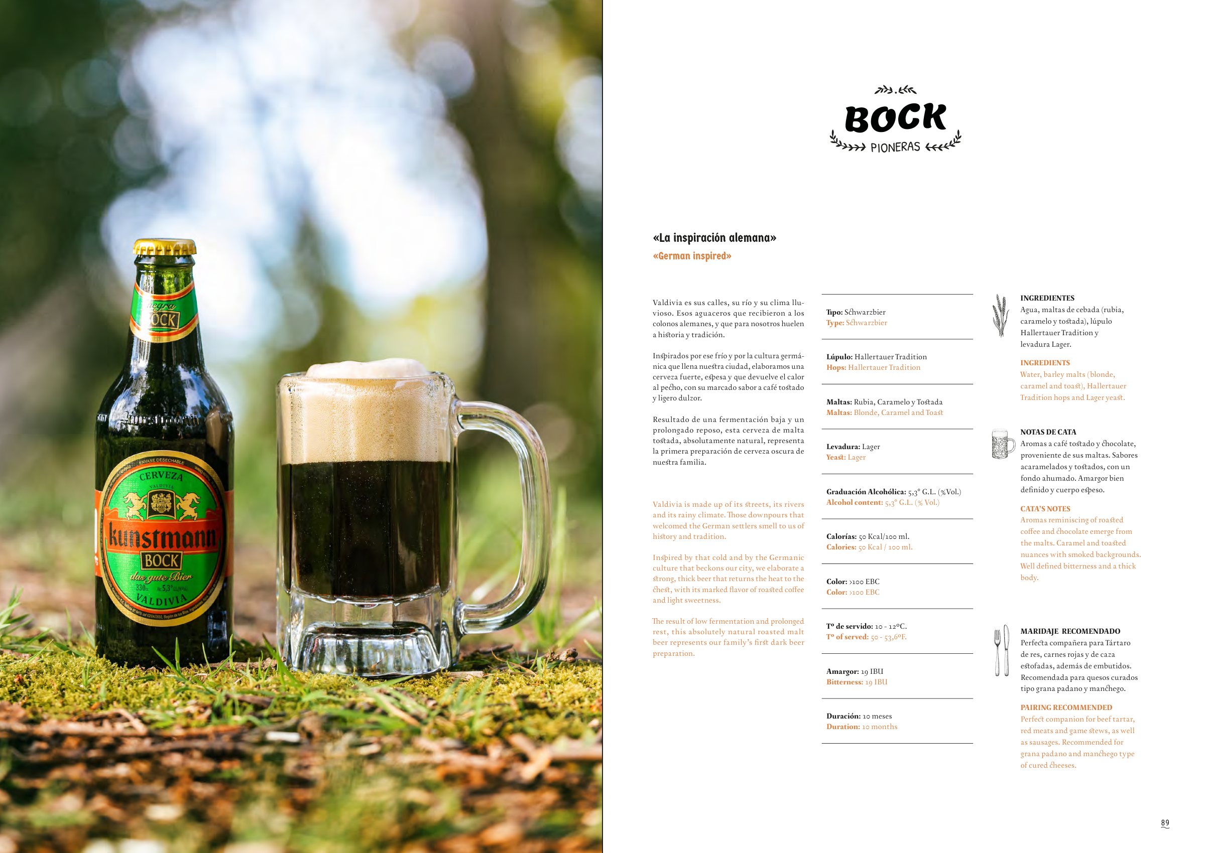 Doble página de la Kunstmann Bock: la botella verde y un schop de cerveza oscura sobre el pasto.