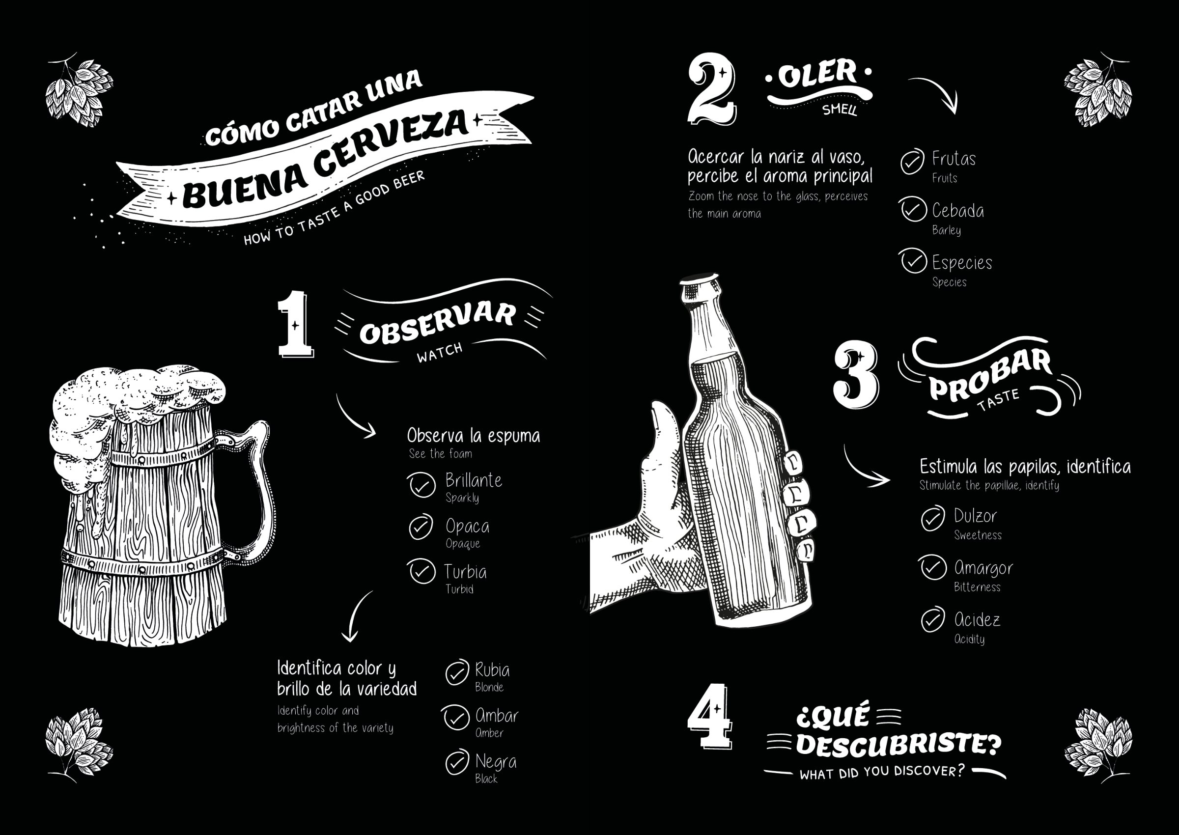 Doble página negra «Cómo catar una buena cerveza»: observar, oler, probar y descubrir, con dibujos de tiza.