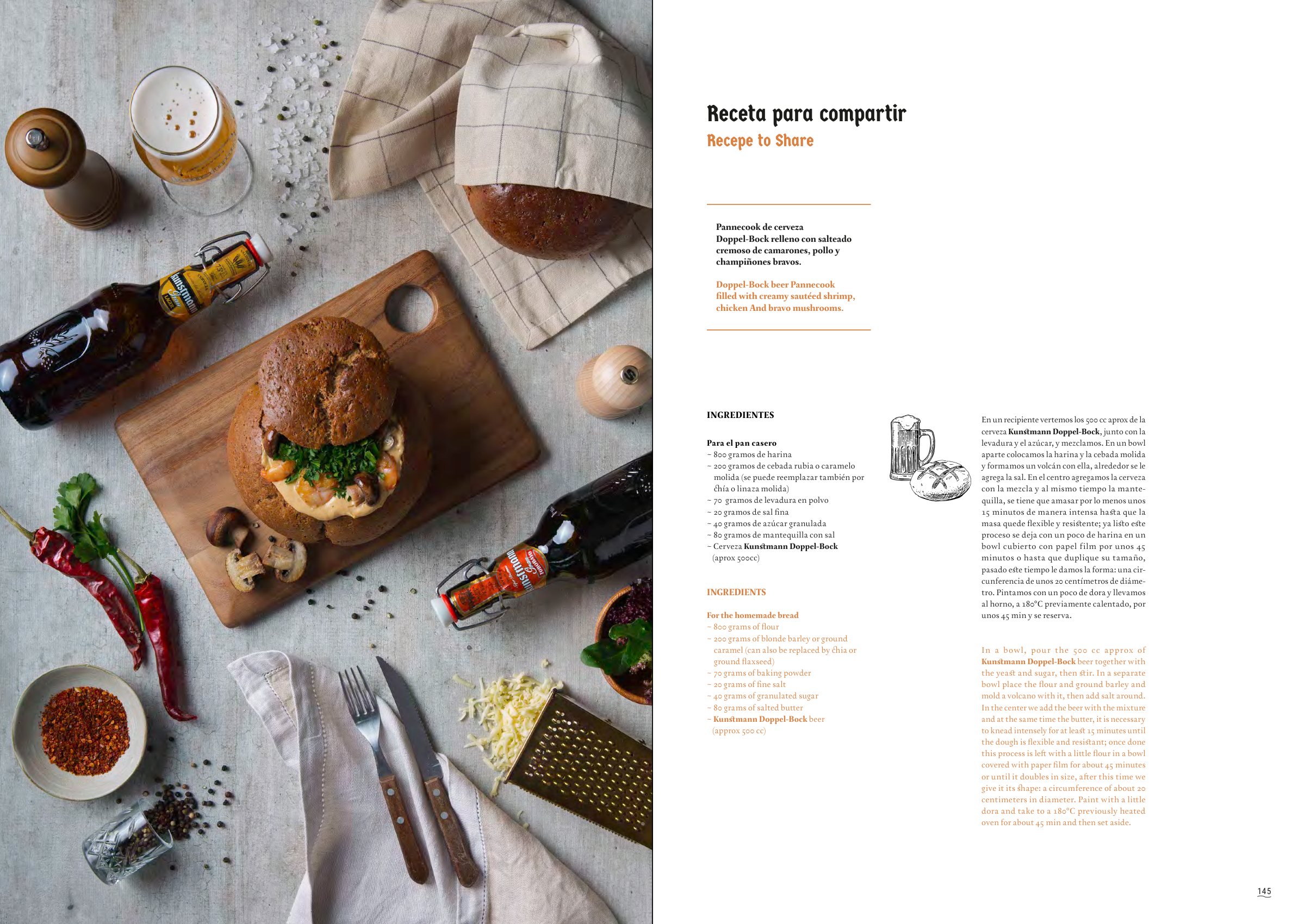 Doble página de receta para compartir: un pan relleno sobre una tabla con botellas Kunstmann, y la preparación.
