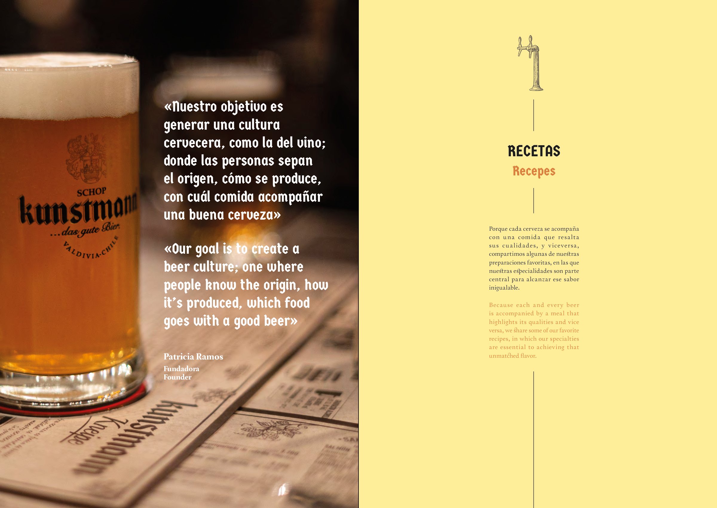 Apertura de la sección Recetas: una cita sobre la cultura cervecera junto a un schop Kunstmann servido.
