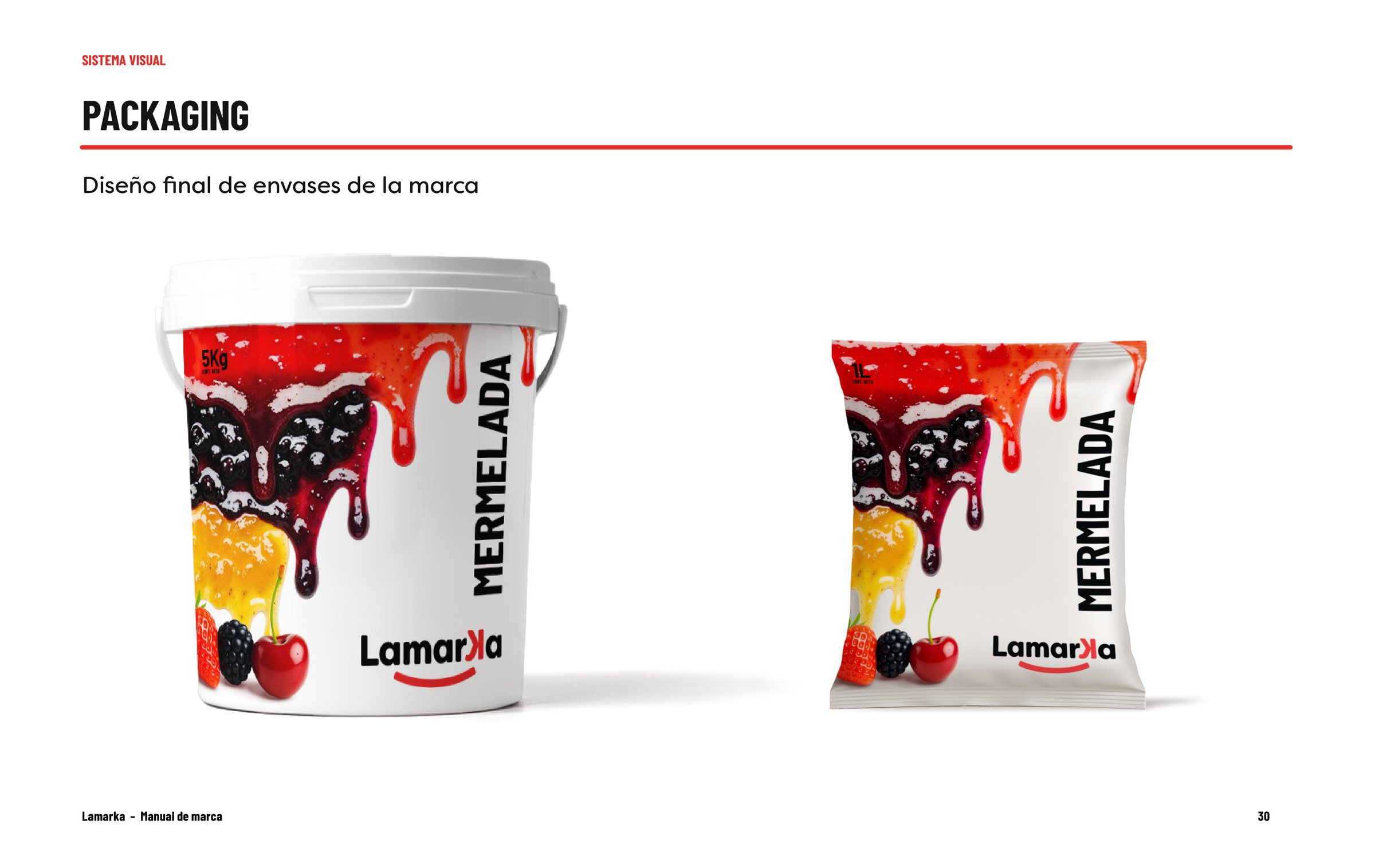 Lámina del manual con el diseño final del balde y del pouch de Lamarka.