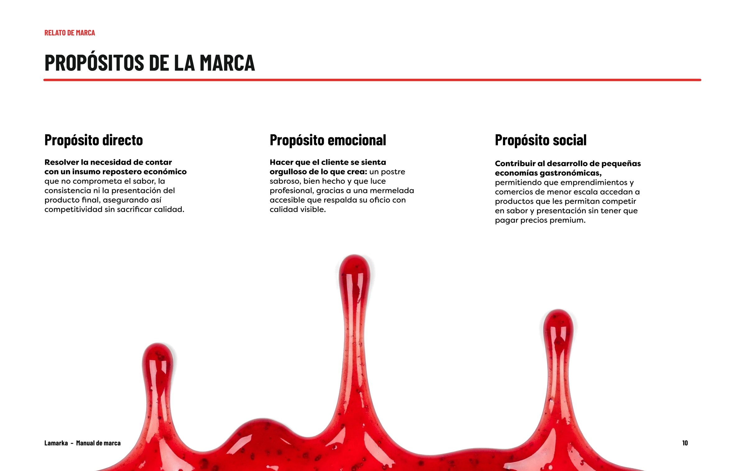 Lámina del manual con los propósitos directo, emocional y social de Lamarka sobre gotas de mermelada.