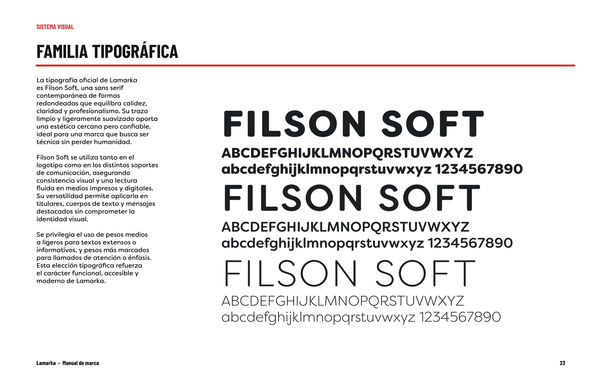 Lámina del manual con la familia tipográfica Filson Soft en tres pesos.