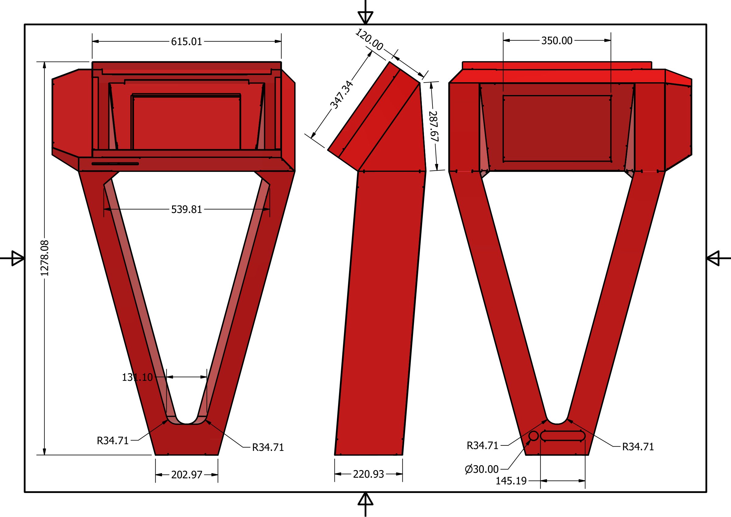 Plano CAD del tótem para fabricación: vistas frontal, lateral y posterior con cotas en milímetros.