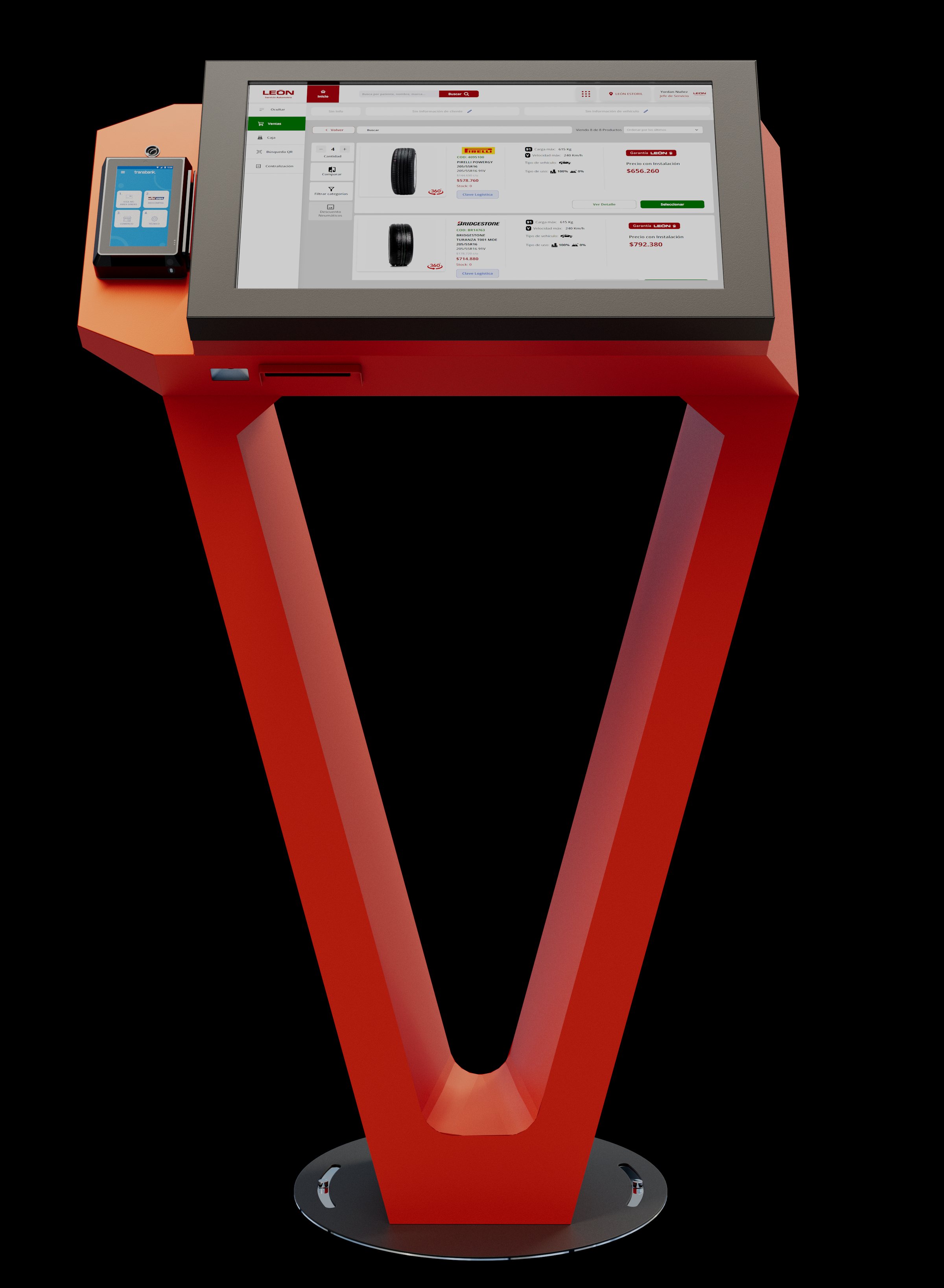 Render frontal del tótem: pantalla de 24" y terminal de pago sobre una V roja con base circular.