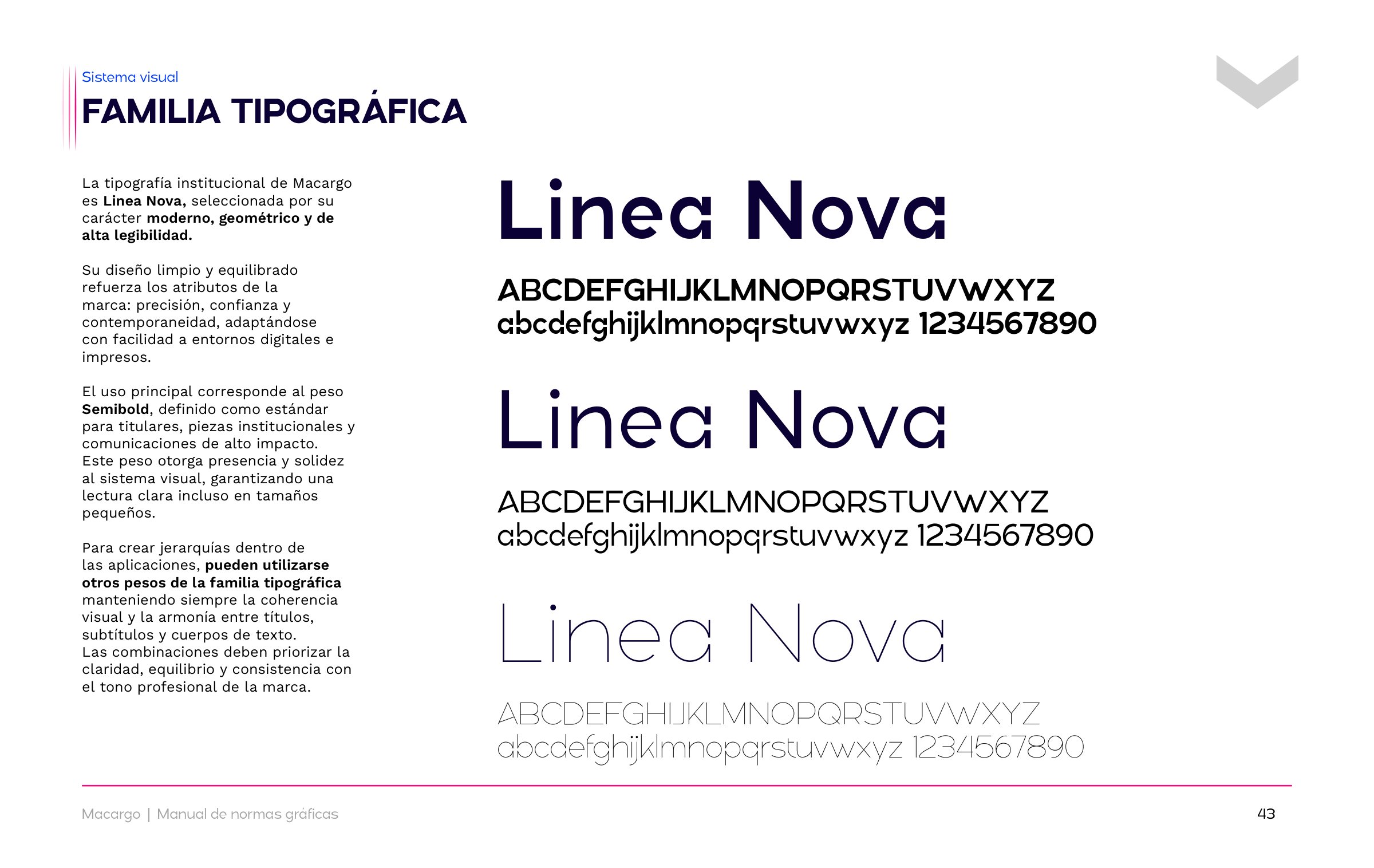 Lámina del manual: la familia tipográfica Linea Nova en tres pesos.