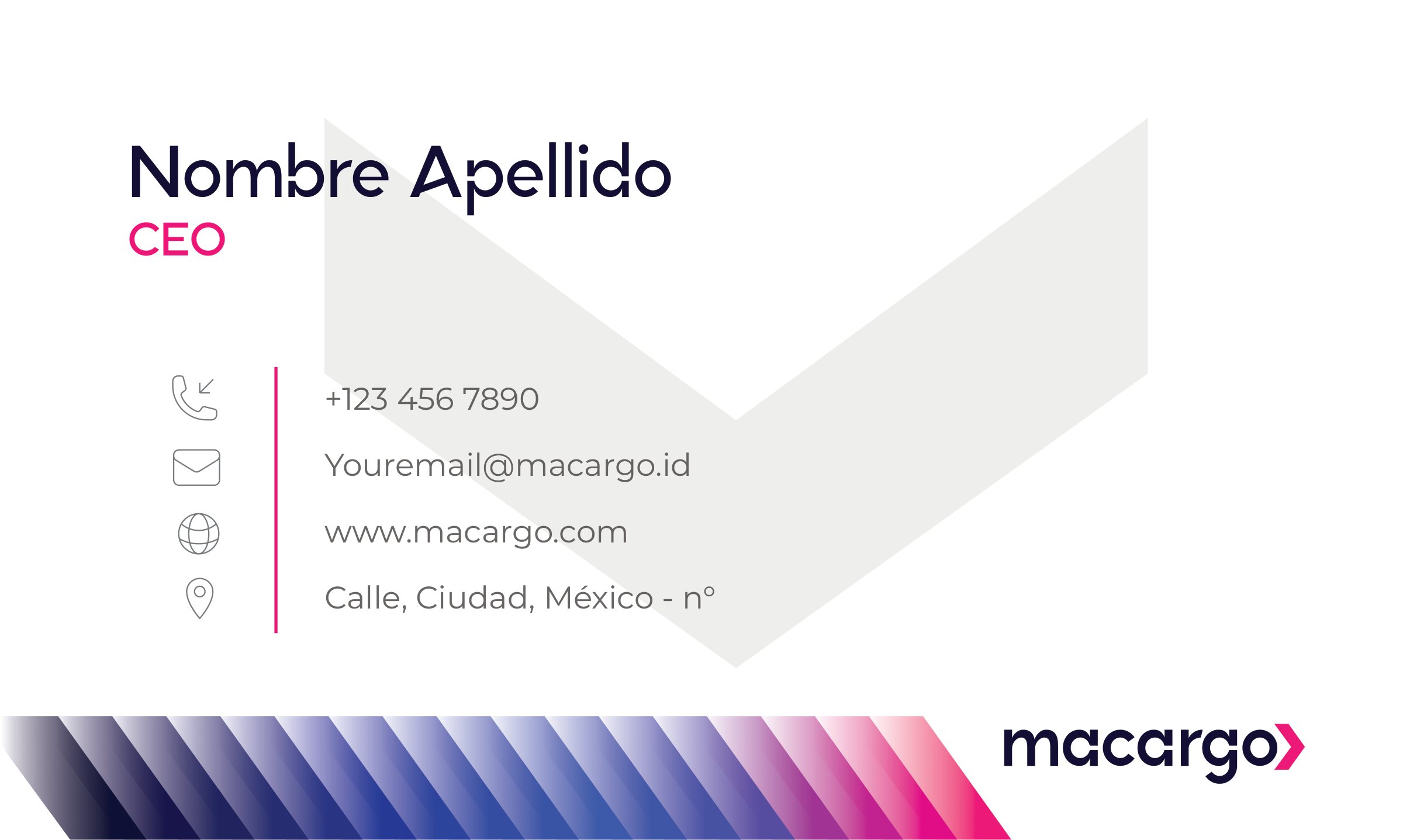 Reverso de la tarjeta de presentación: datos de contacto y flechas en degradado.