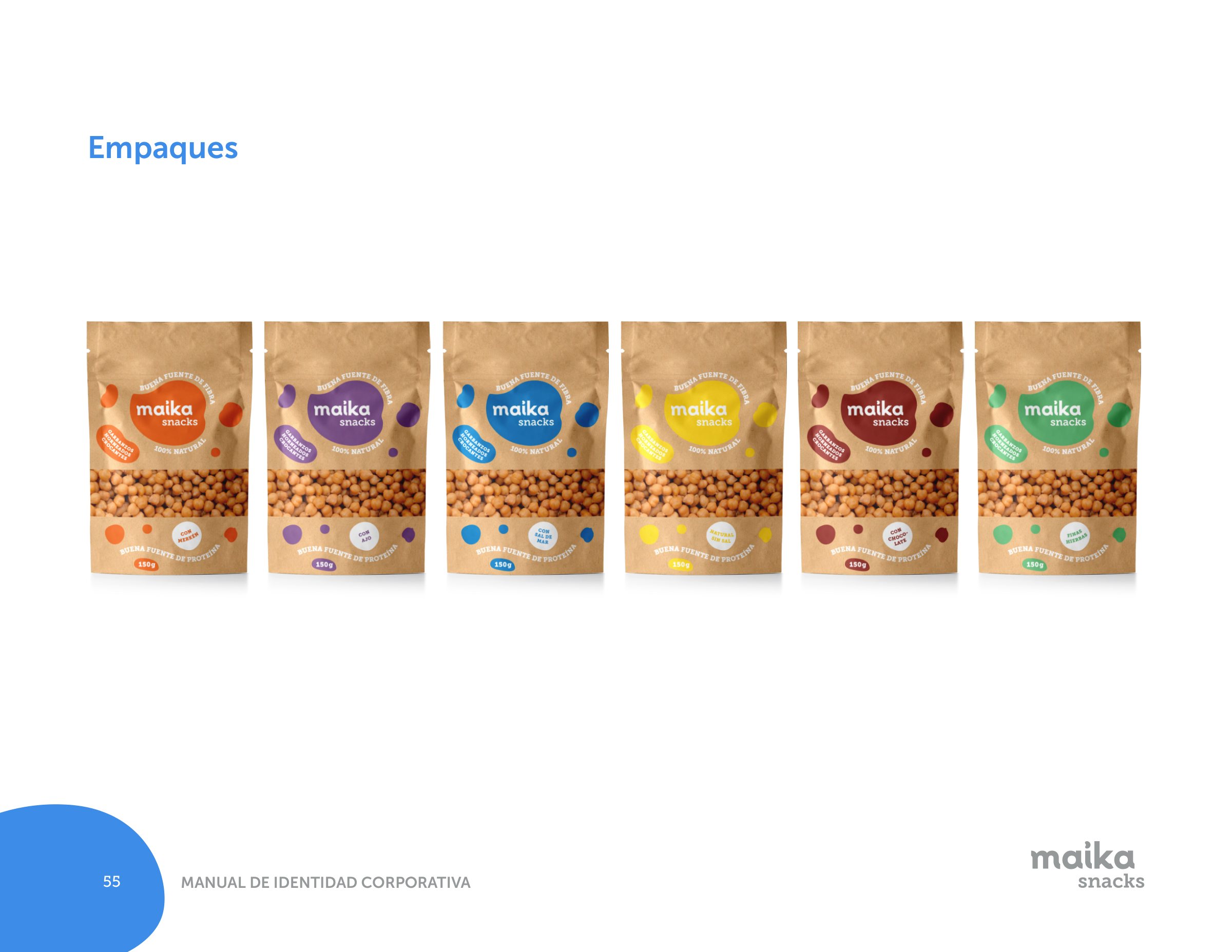 Seis bolsas doypack de kraft de Maika snacks con ventana a los garbanzos, una por color y sabor.