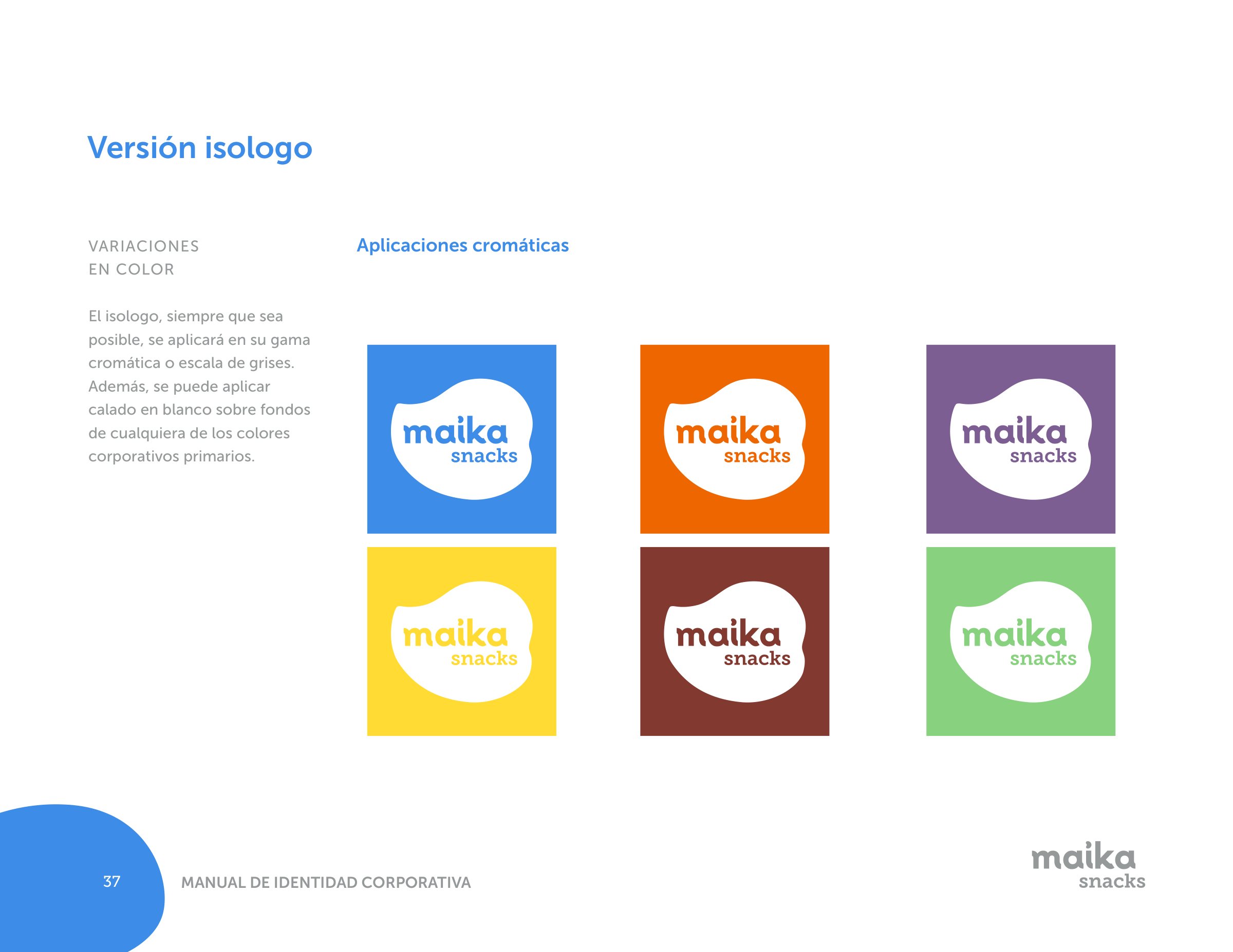 Isologo de Maika en una mancha blanca sobre cuadrados de los seis colores de la marca.
