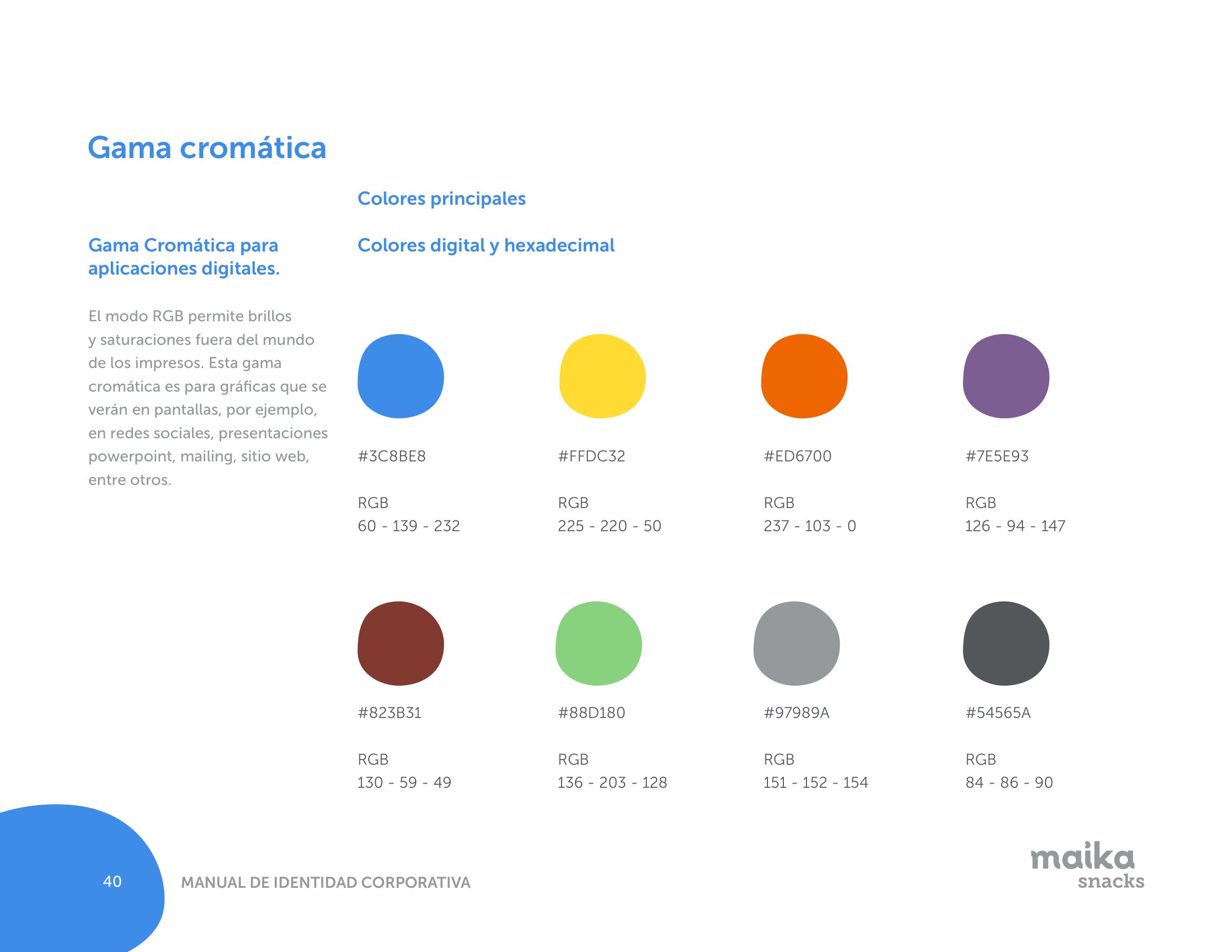 Página del manual con la gama cromática digital de Maika: azul, amarillo, naranja, violeta, café, verde y dos grises.