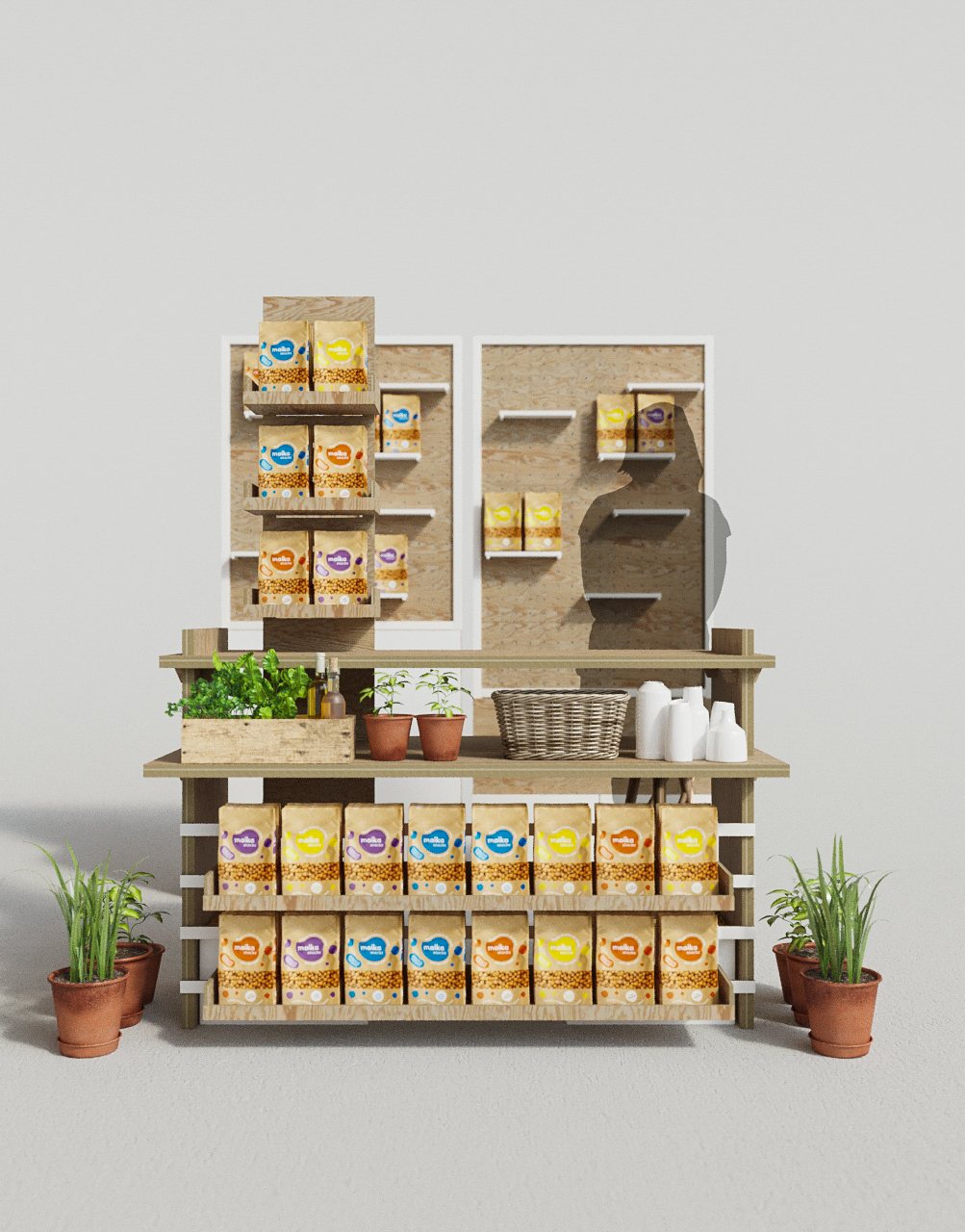 Render del stand de Maika: repisas de madera con bolsas de garbanzos, plantas y frascos.