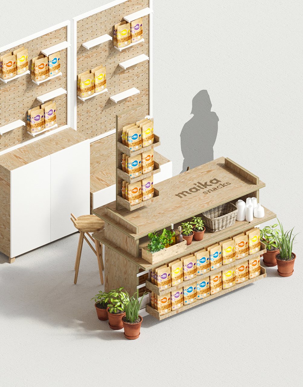 Render del stand de Maika en una tienda, con muro perforado, mesón de madera y el logotipo grabado.