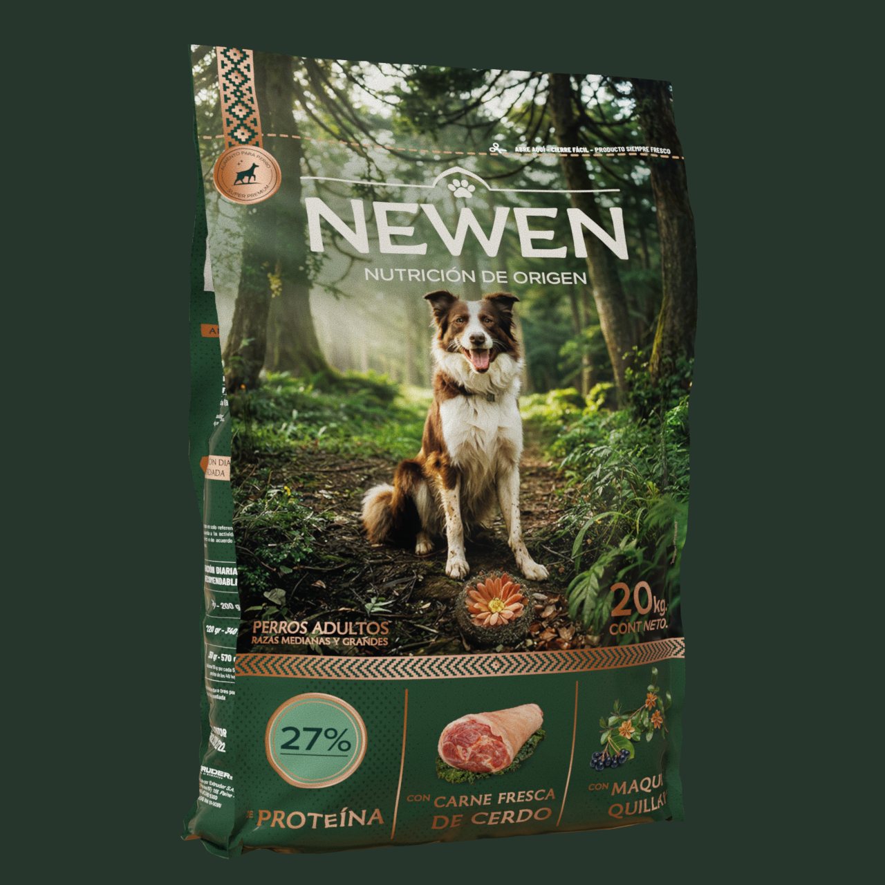 Render del saco Newen para perros adultos en tres cuartos.