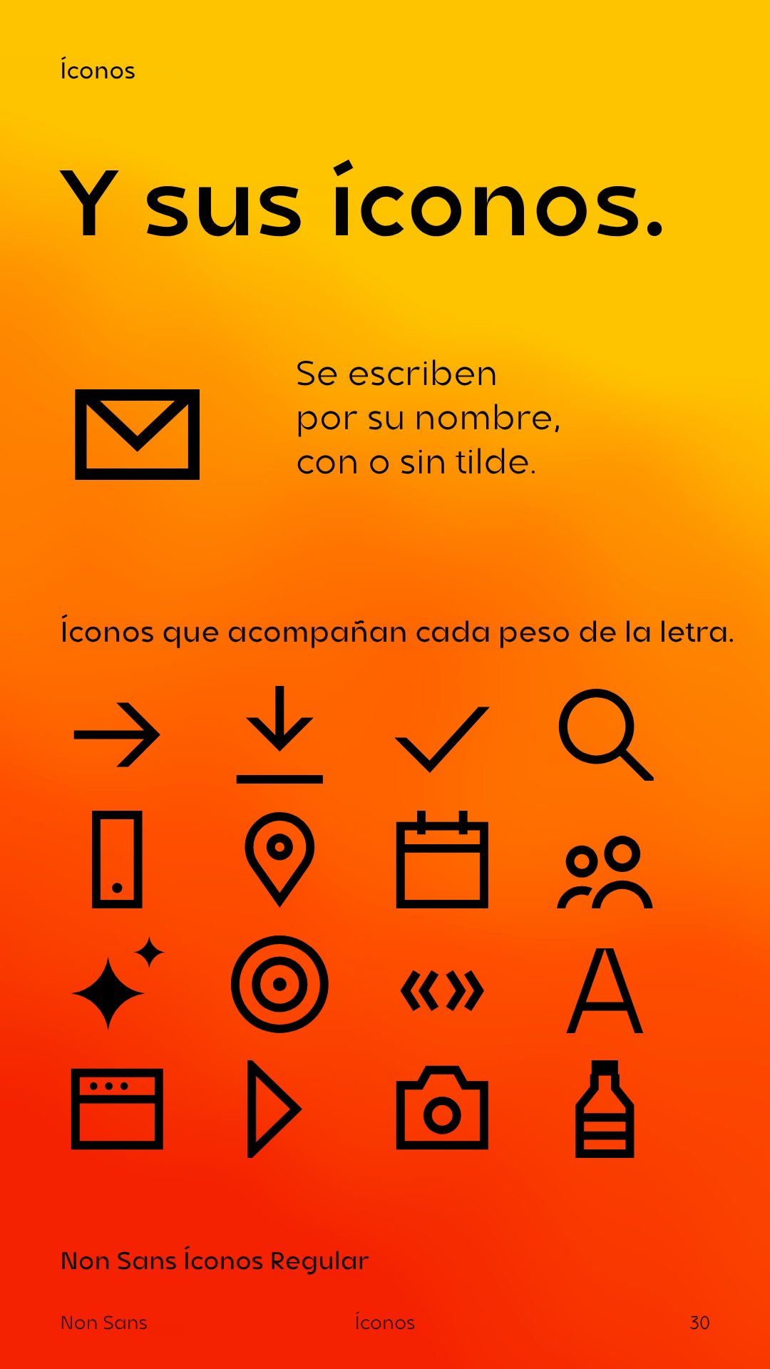 Lámina «Y sus íconos.»: el ícono de correo junto al texto y una grilla de íconos en Regular.