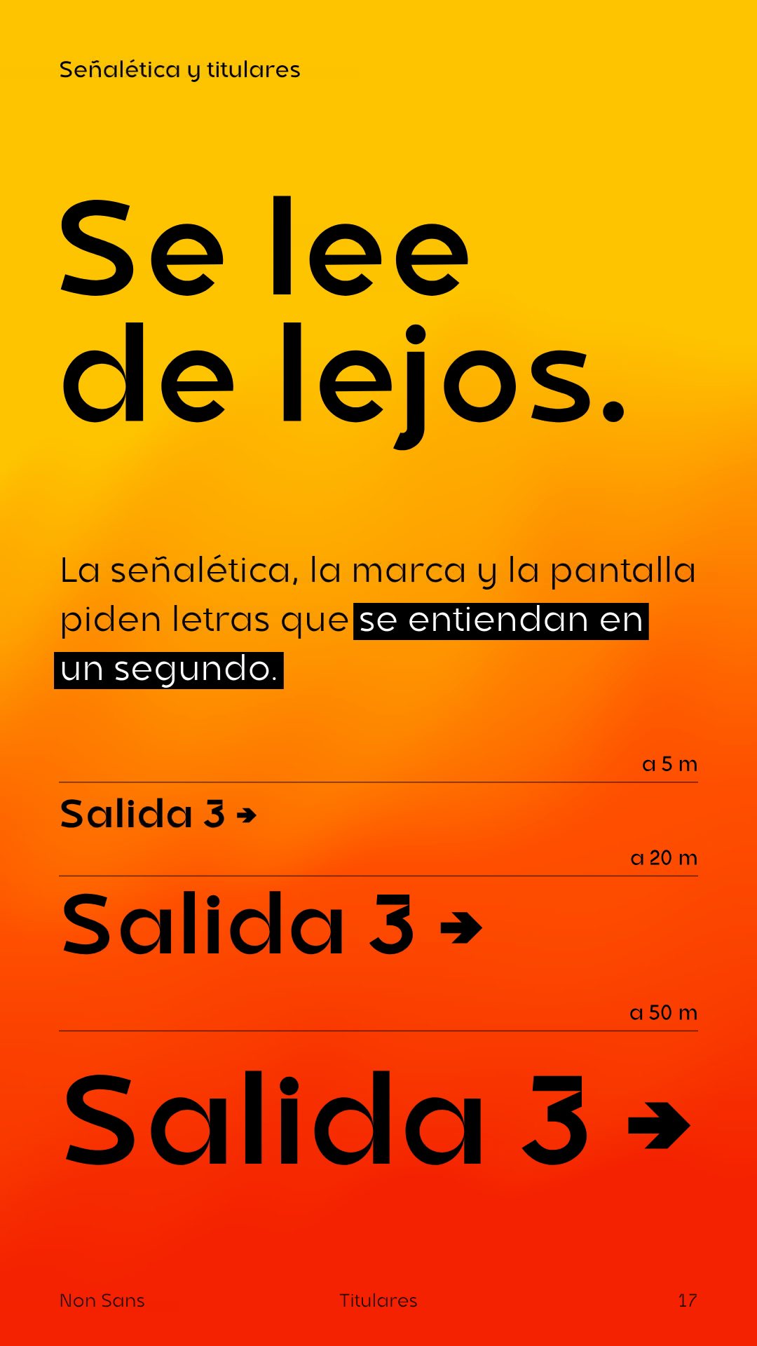 Lámina «Se lee de lejos.»: «Salida 3» con la flecha, en tres tamaños para 5, 20 y 50 metros.