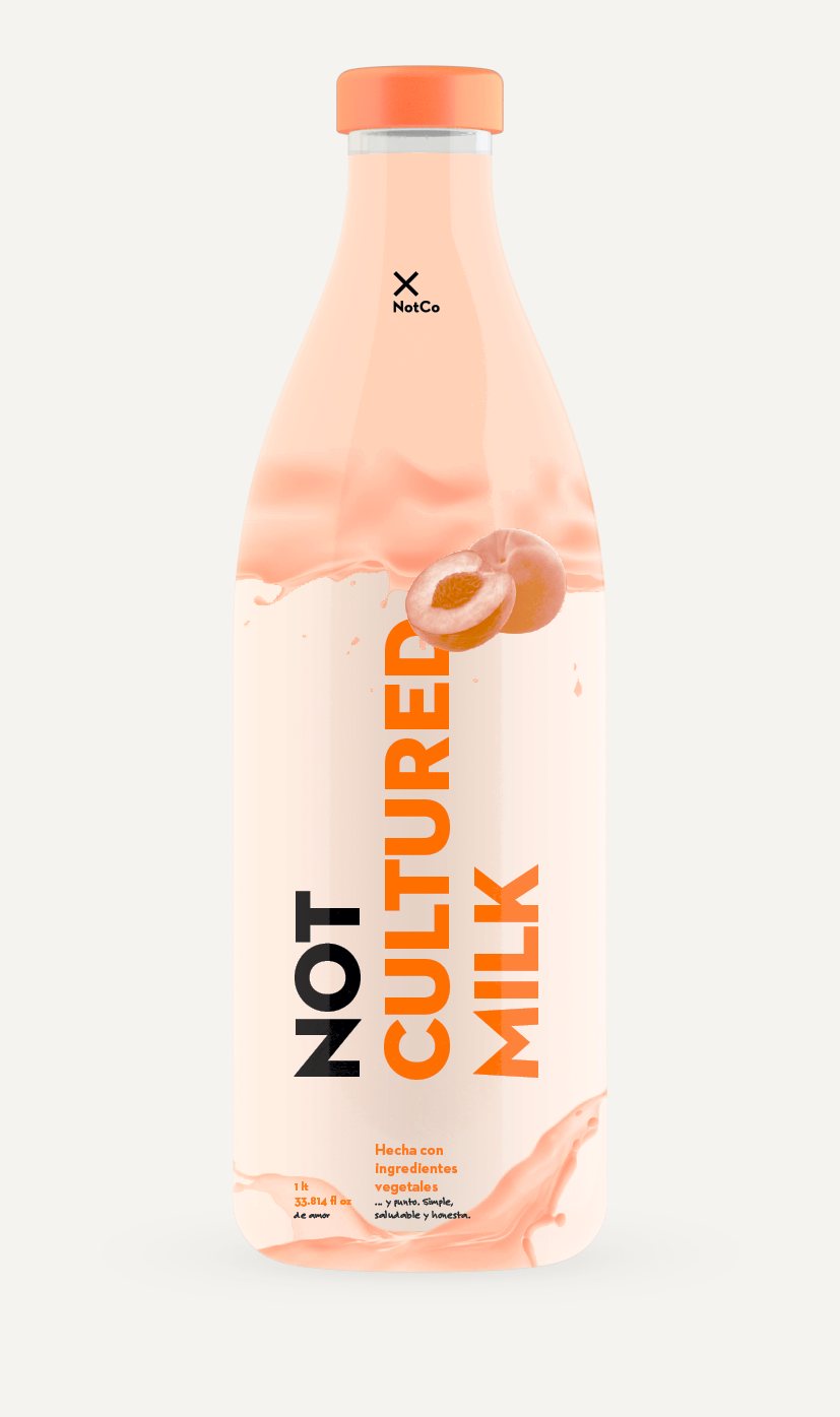 Botella de Not Cultured Milk sabor durazno, con NOT CULTURED MILK en vertical y medio durazno.