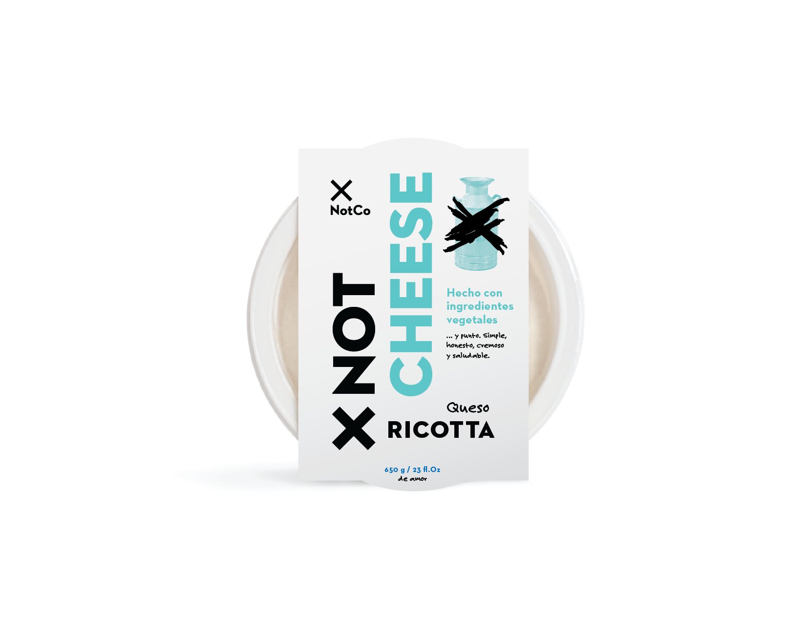 Envase de NotCheese Queso Ricotta visto desde arriba: NOT en negro, CHEESE en turquesa y un tarro de leche tachado.