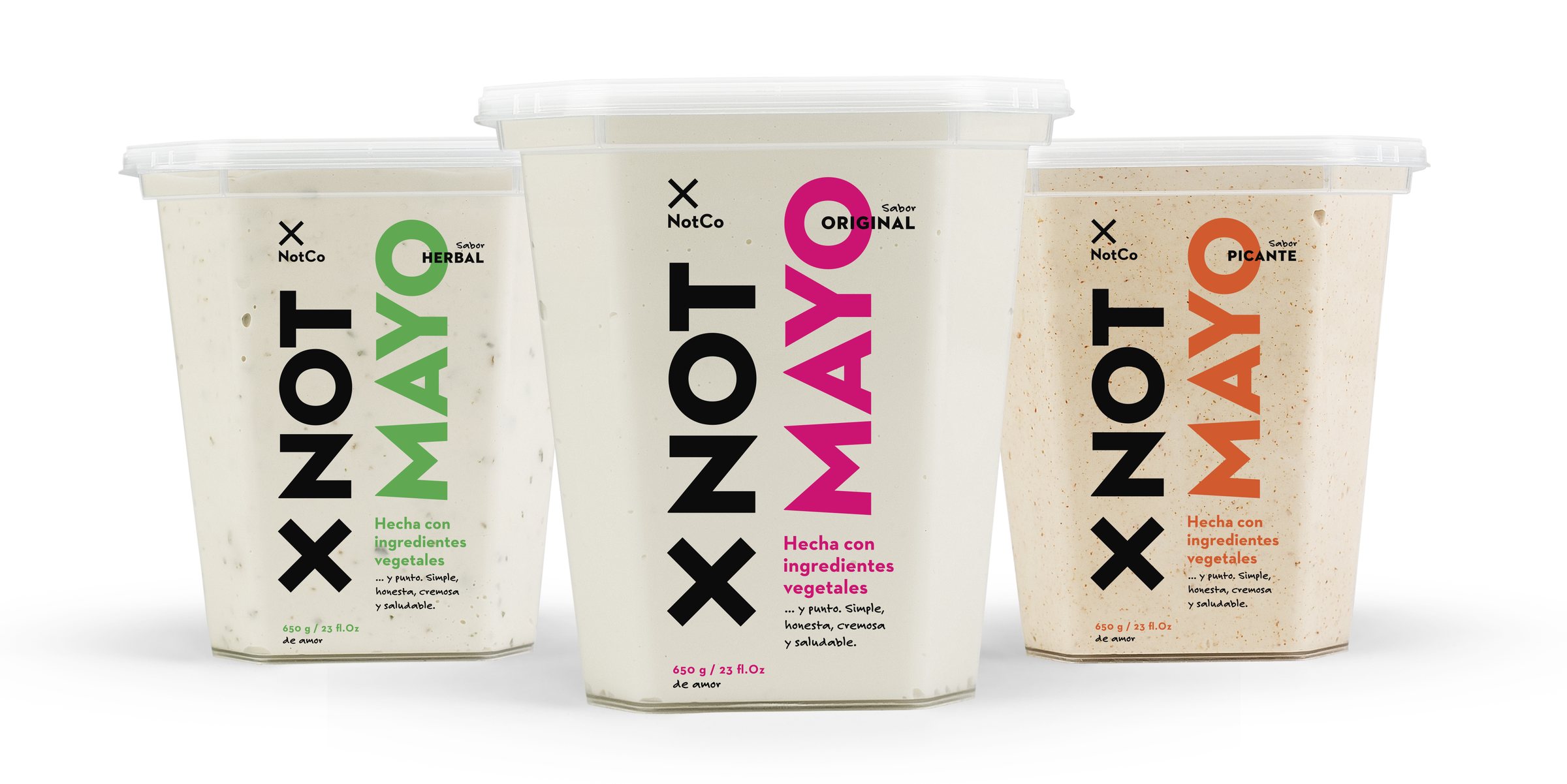 Tres potes de NotMayo: Herbal en verde, Original en magenta y Picante en naranja.