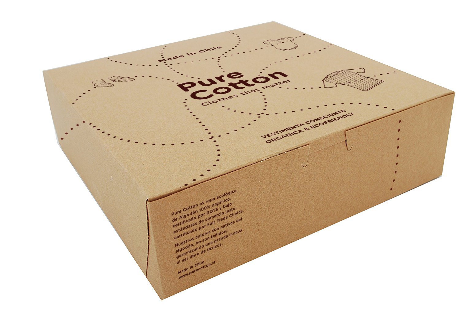 Caja kraft del ajuar con el logotipo y la línea punteada que recorre sus caras.