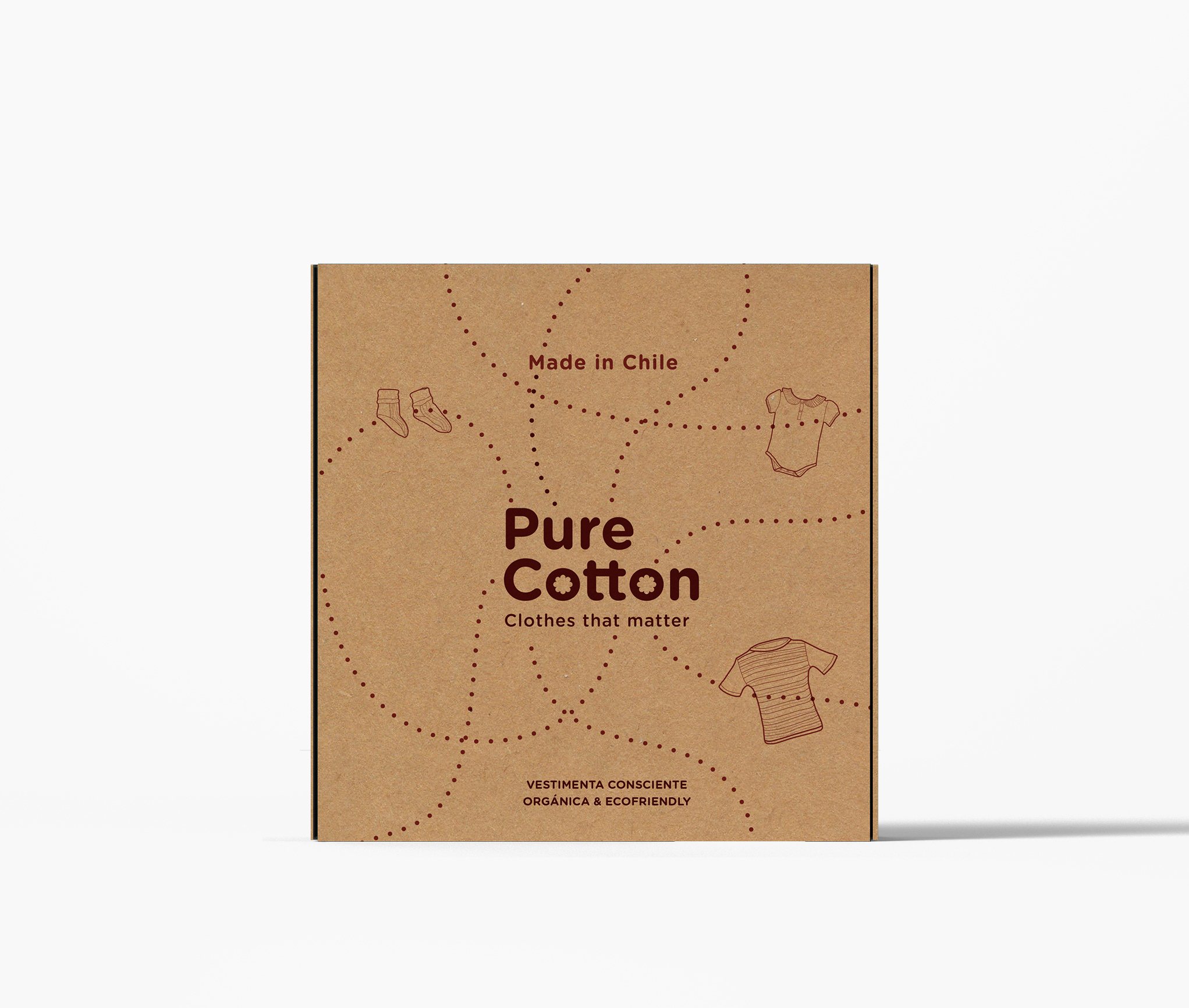 Caja del ajuar de Pure Cotton vista de frente, con dibujos de prendas y la línea punteada.