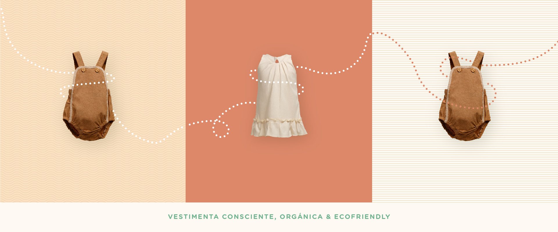 Banner de la web de Pure Cotton: prendas de bebé sobre crema y terracota, unidas por líneas punteadas.