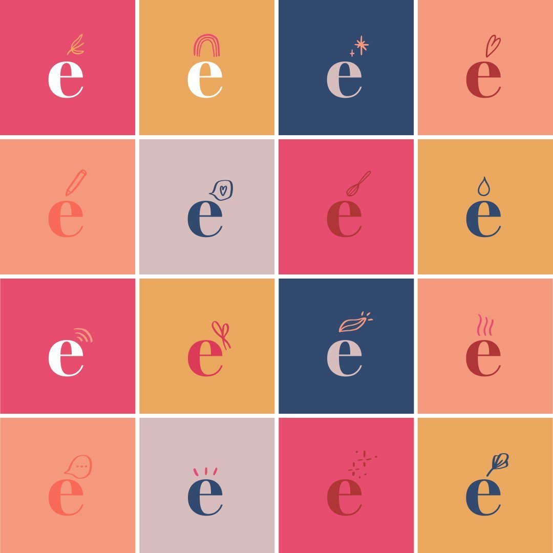 Dieciséis variantes del monograma é, cada una con una tilde distinta, sobre colores de la marca.