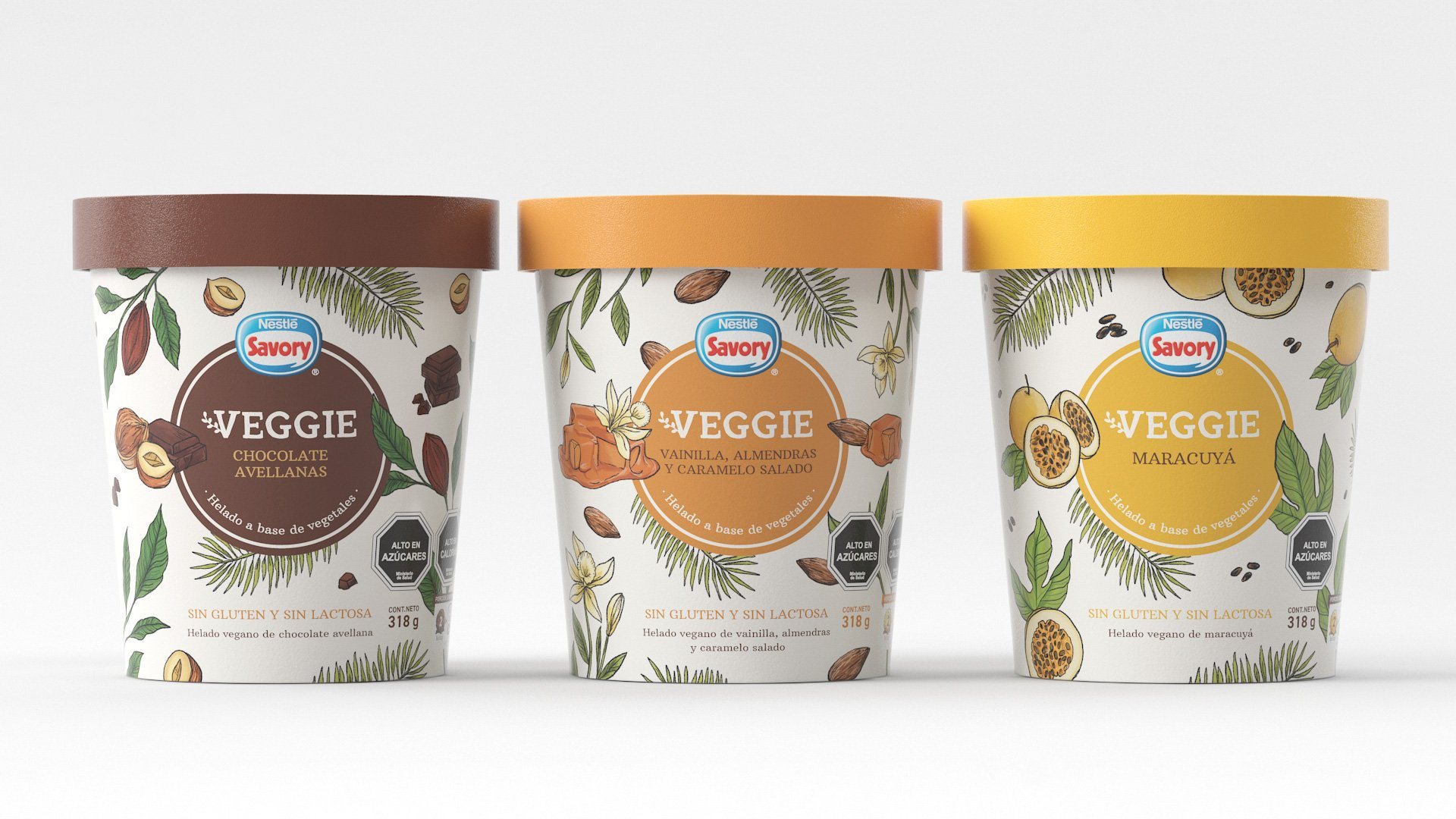 Los tres potes de Savory Veggie: chocolate avellanas, vainilla almendras y caramelo salado, y maracuyá.