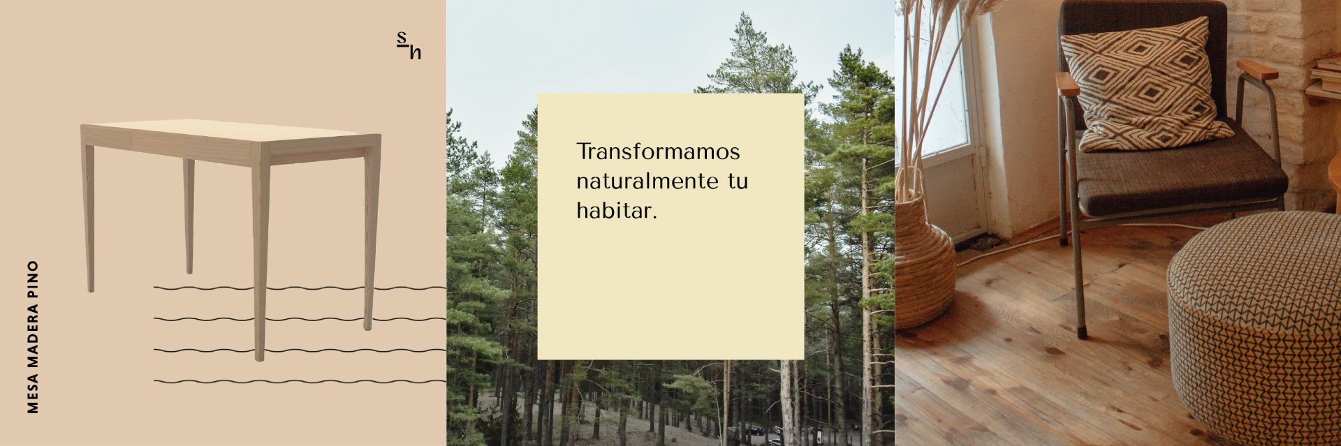 Tres piezas de redes: una mesa de pino, un bosque y un living con piso de madera.