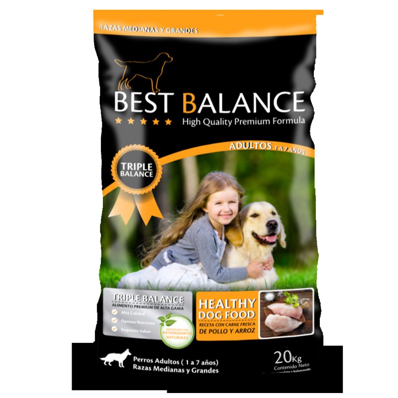 Bolsa original de Best Balance, con foto de niña y perro.