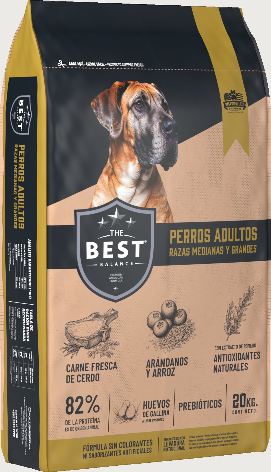 Render 3D en tres cuartos del envase The Best Perros Adultos razas medianas y grandes, 20 kg.