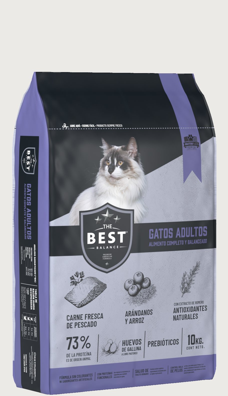 Render 3D en tres cuartos del envase The Best Gatos Adultos, 10 kg.