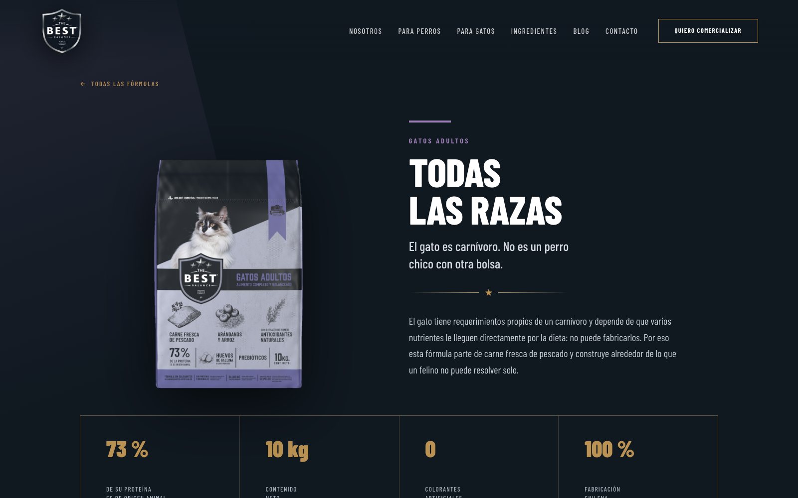 Página de producto de gatos adultos, con el envase y los acentos en lila.
