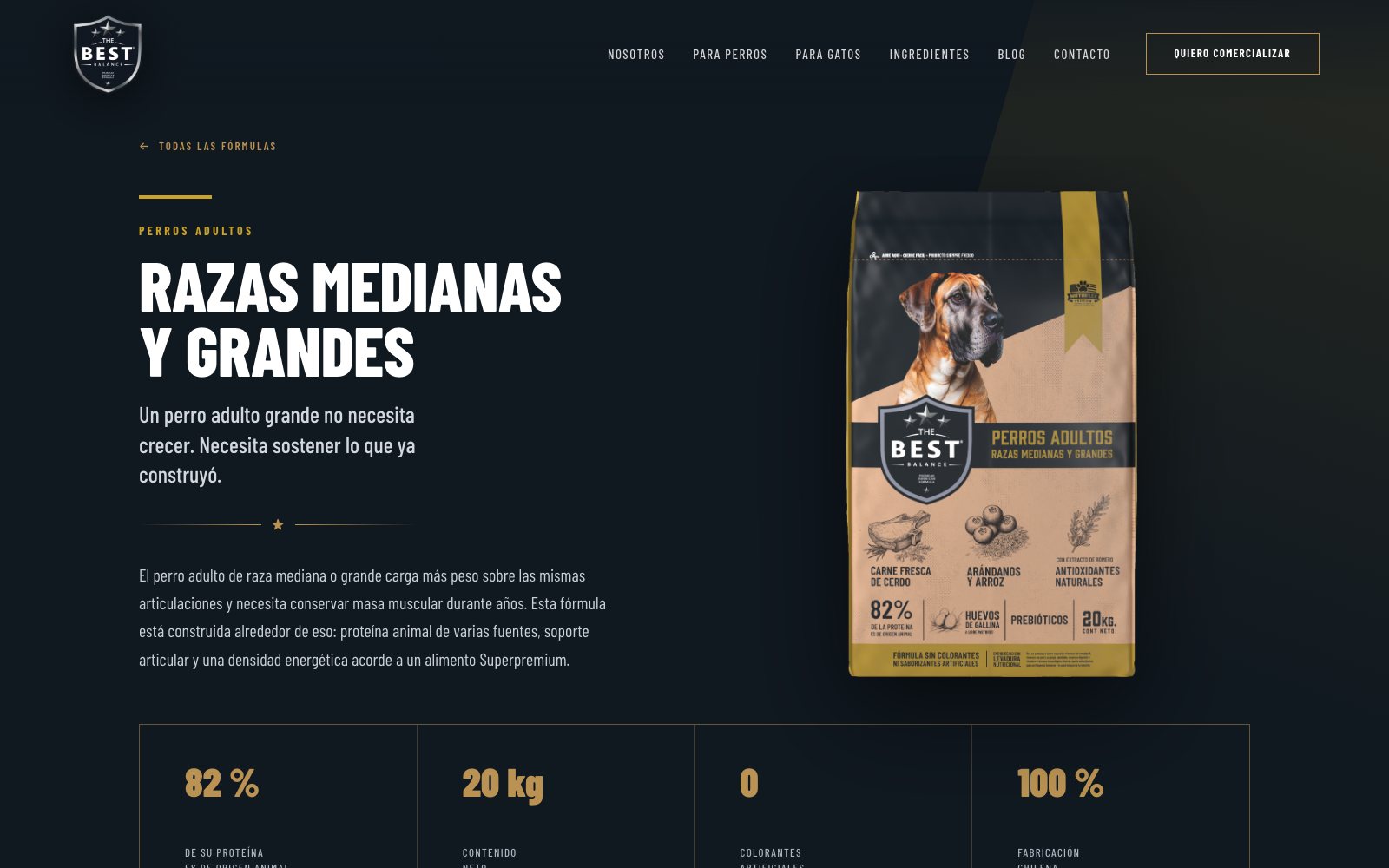 Página de producto de razas medianas y grandes: el envase de 20 kg y la tira de datos en dorado.