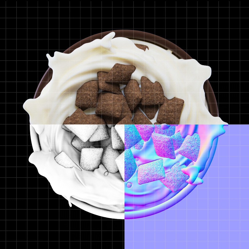 Proceso de render 3D del bowl con cereal y leche.