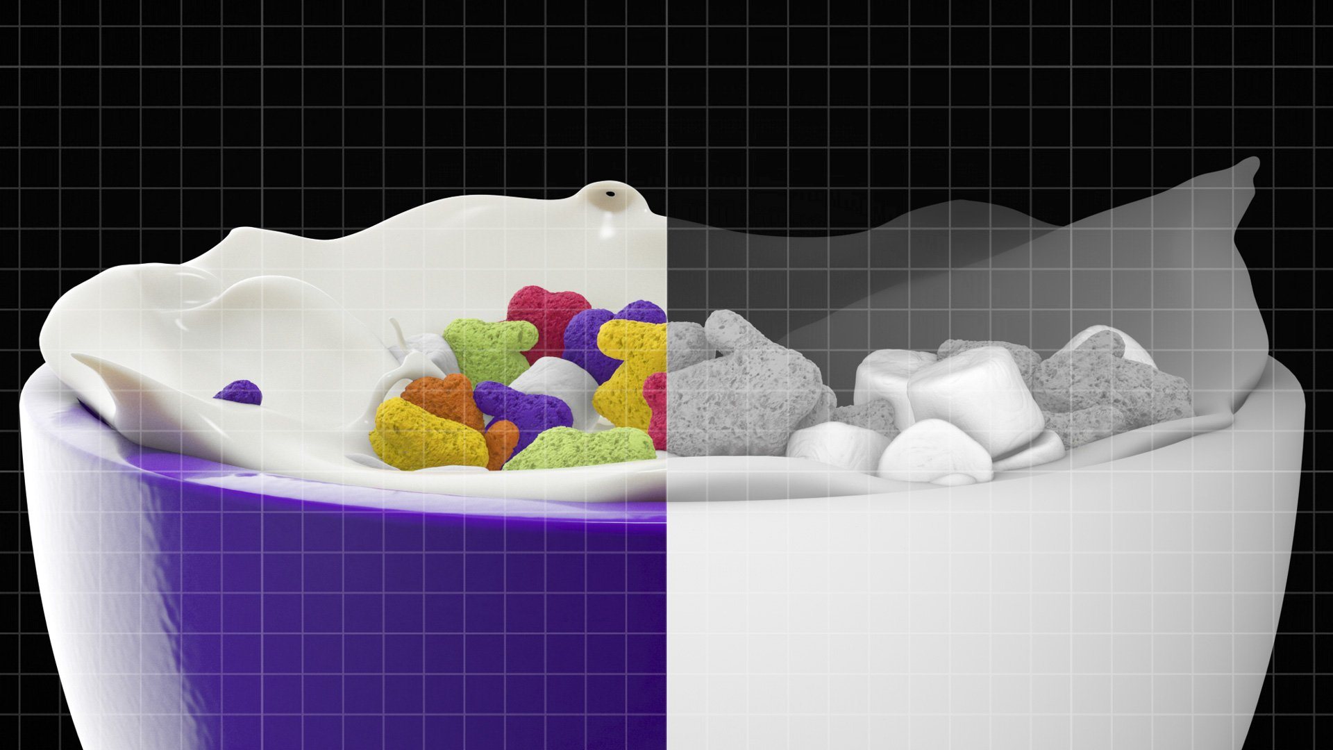 Proceso de render 3D del bowl con cereal y leche.