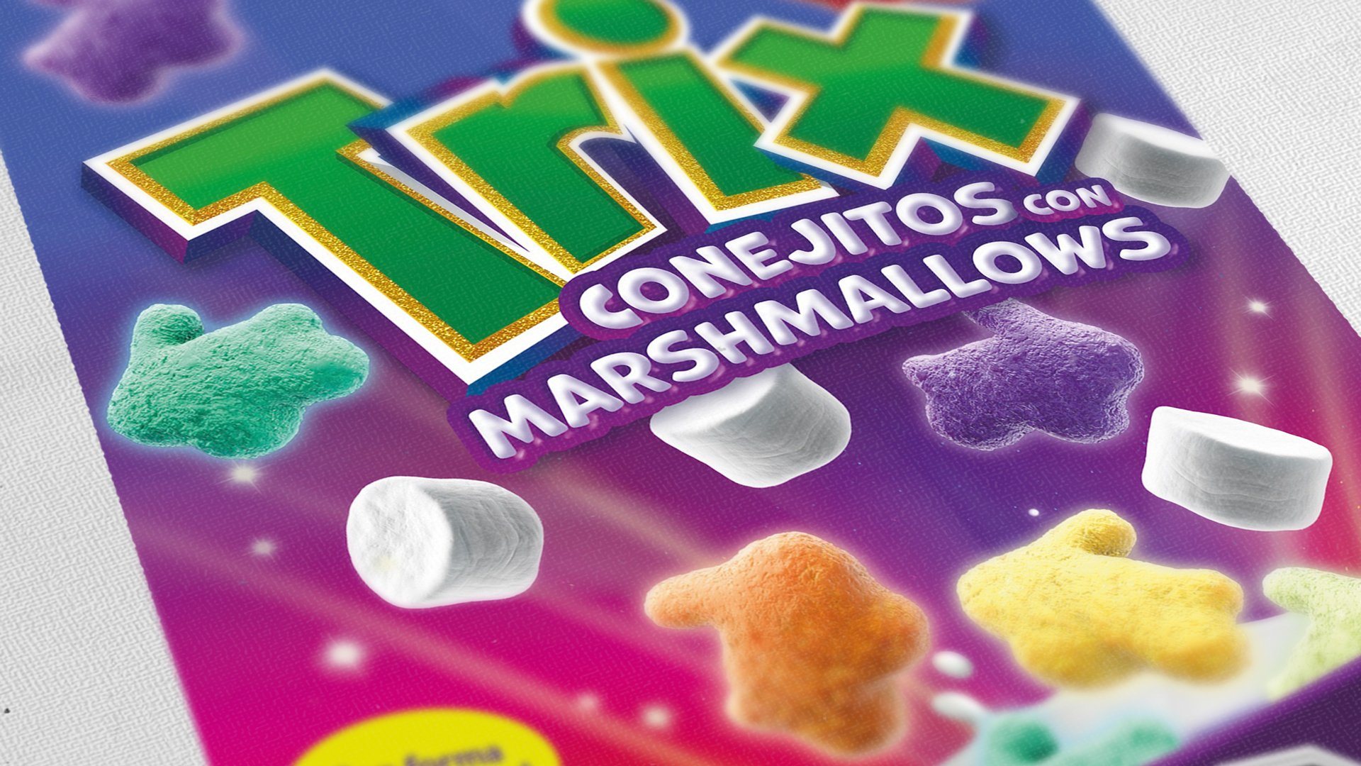Detalle de la caja con el logotipo y los conejitos de colores.