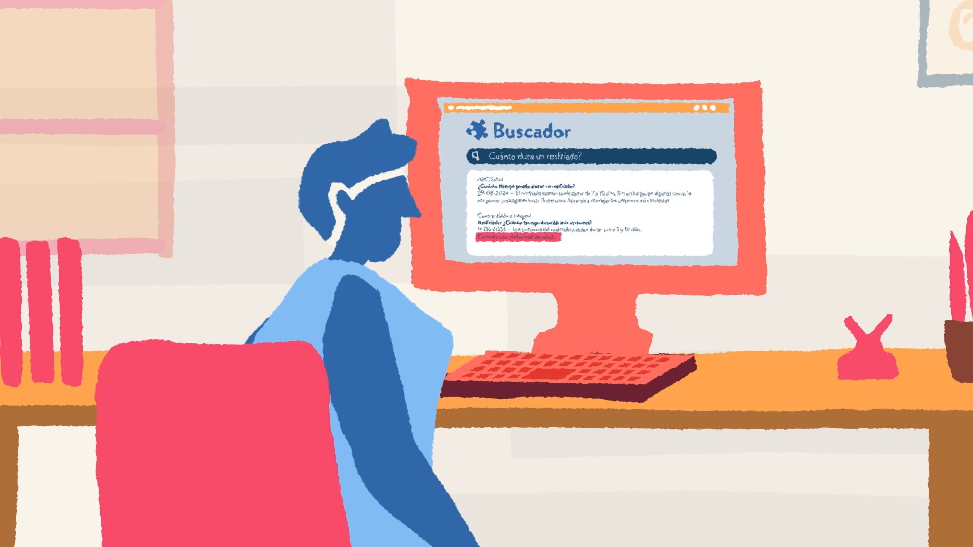 Ilustración: una persona busca información de salud en el computador.