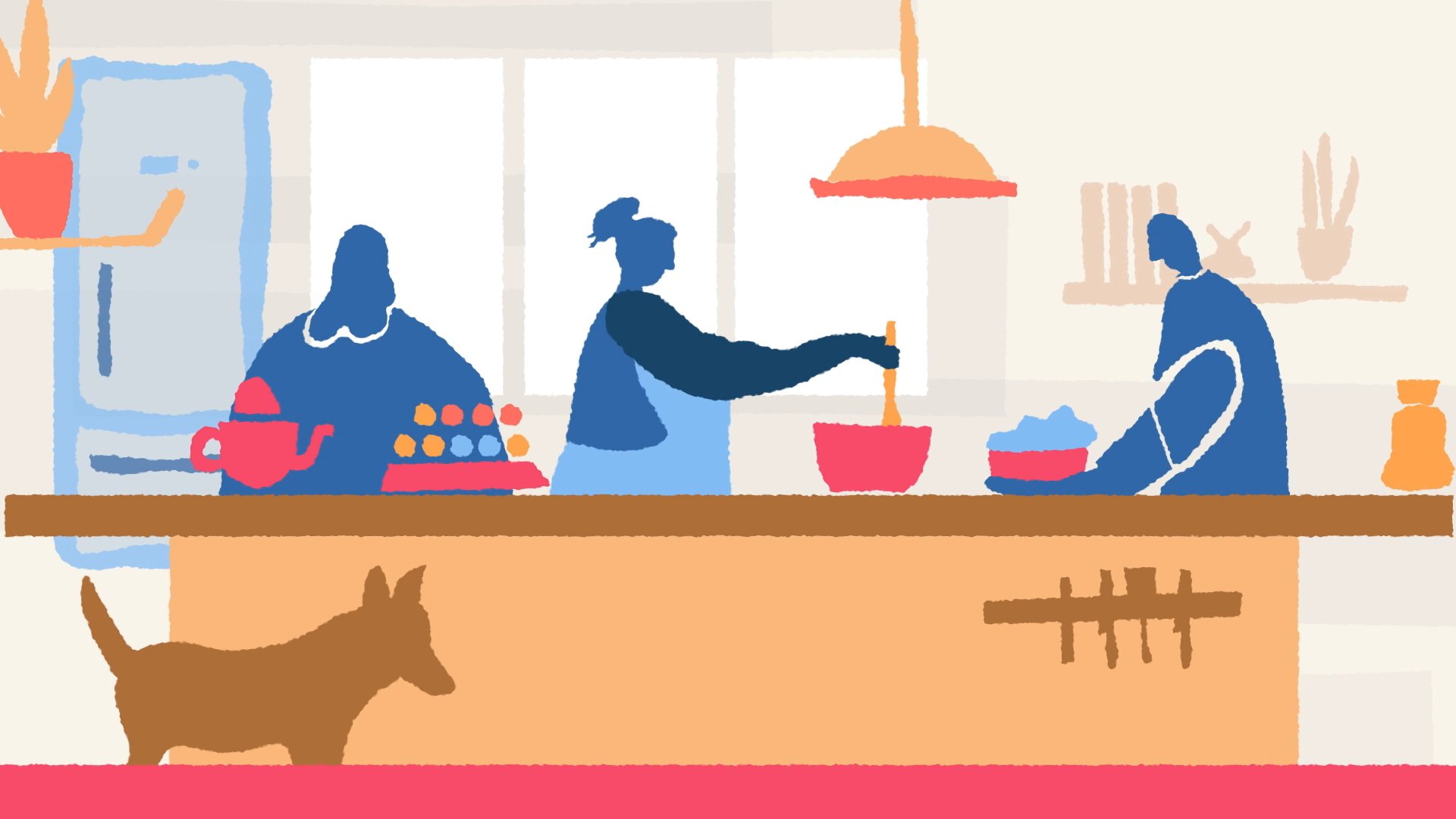 Ilustración: tres personas cocinan y trabajan en una cocina, con un perro a sus pies.