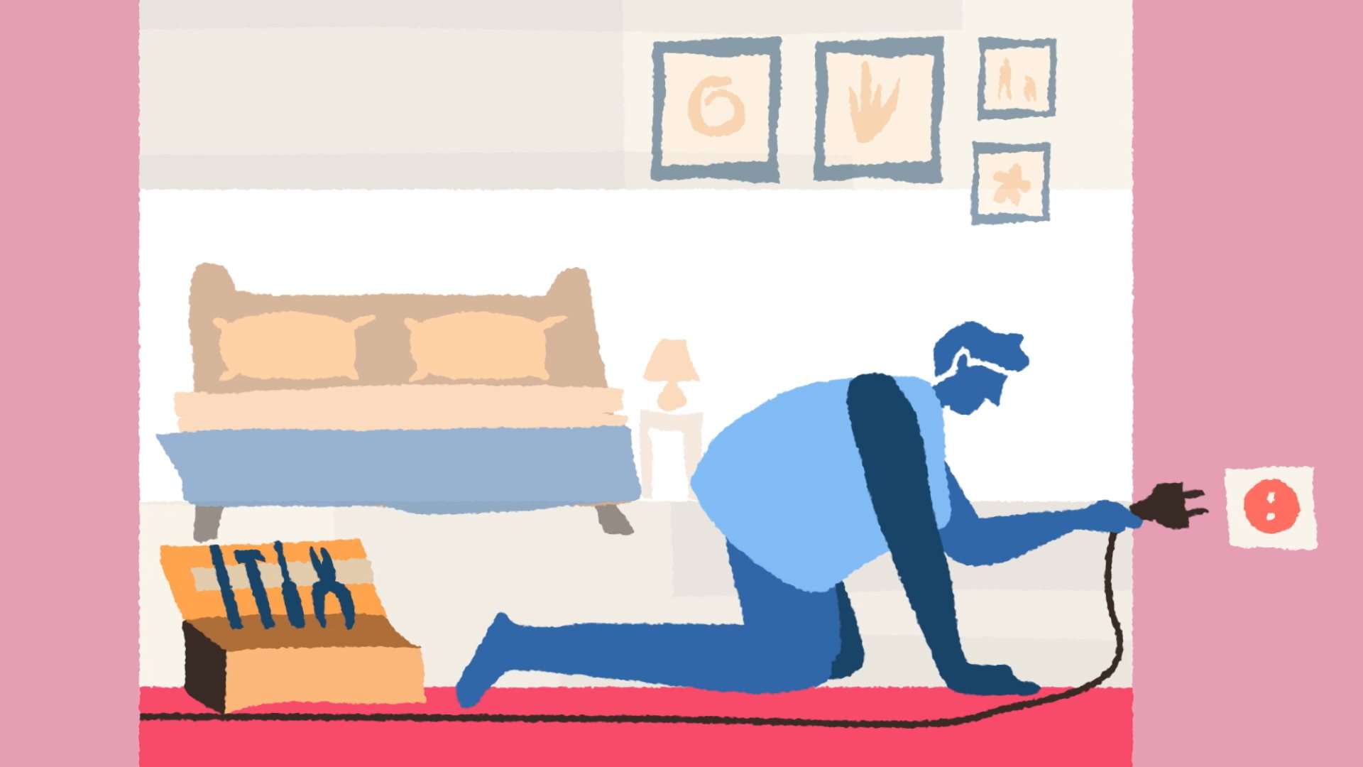 Ilustración: una persona conecta un cable en el dormitorio, junto a una caja de herramientas.